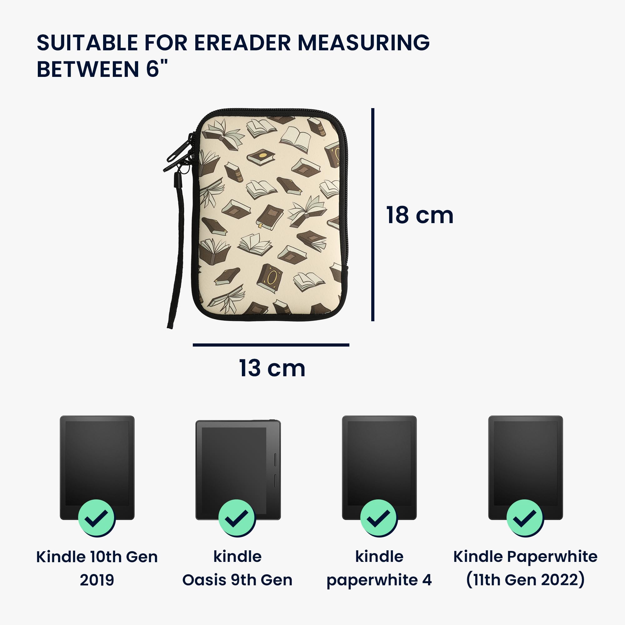 Kwmobile Neoprene E Reader Pouch Size 6'' Ereader   Universal Ebook Sleeve Case With Zipper, Wrist Strap   Beige/Brown/Gold