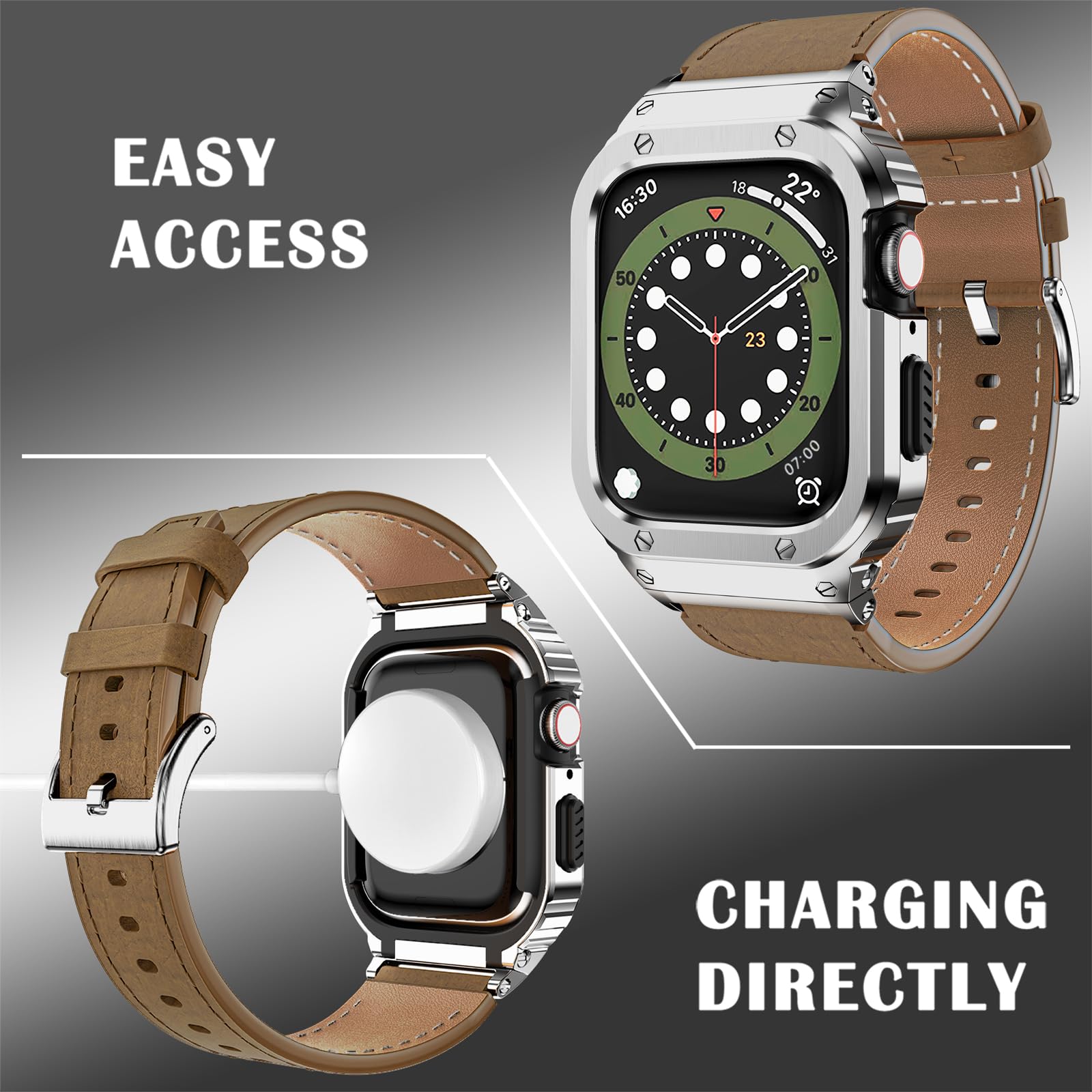 Suplink Stainless Steel Case And Bands Compatible With Apple Watch Band 42Mm 44Mm,Leather Strap Rugged Cover For Iwatch Series S