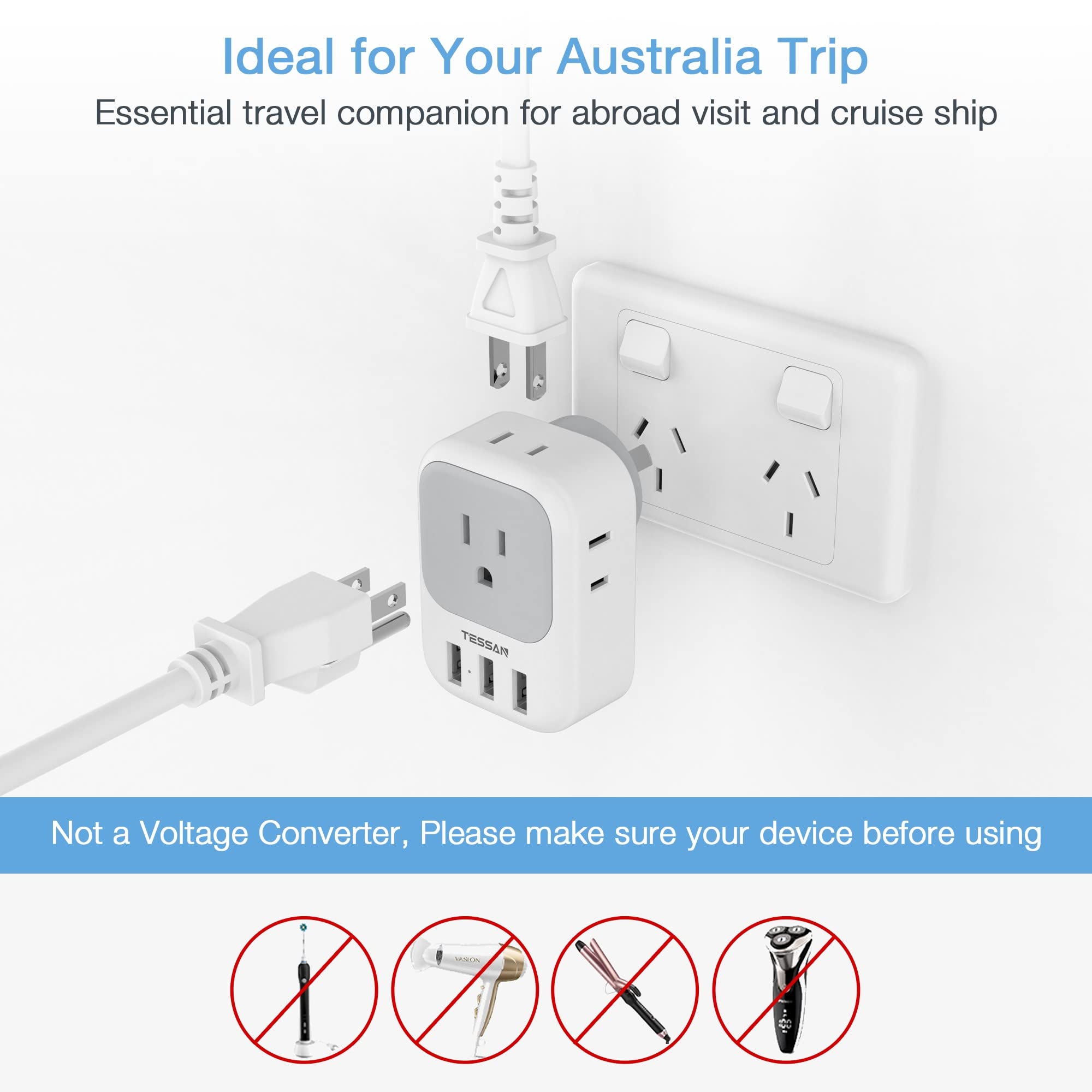 Tessan Australia Power Plug Adapter, Us To New Zealand Power Adapter With 4 American Outlets 3 Usb Charger, Type I Travel Adapto