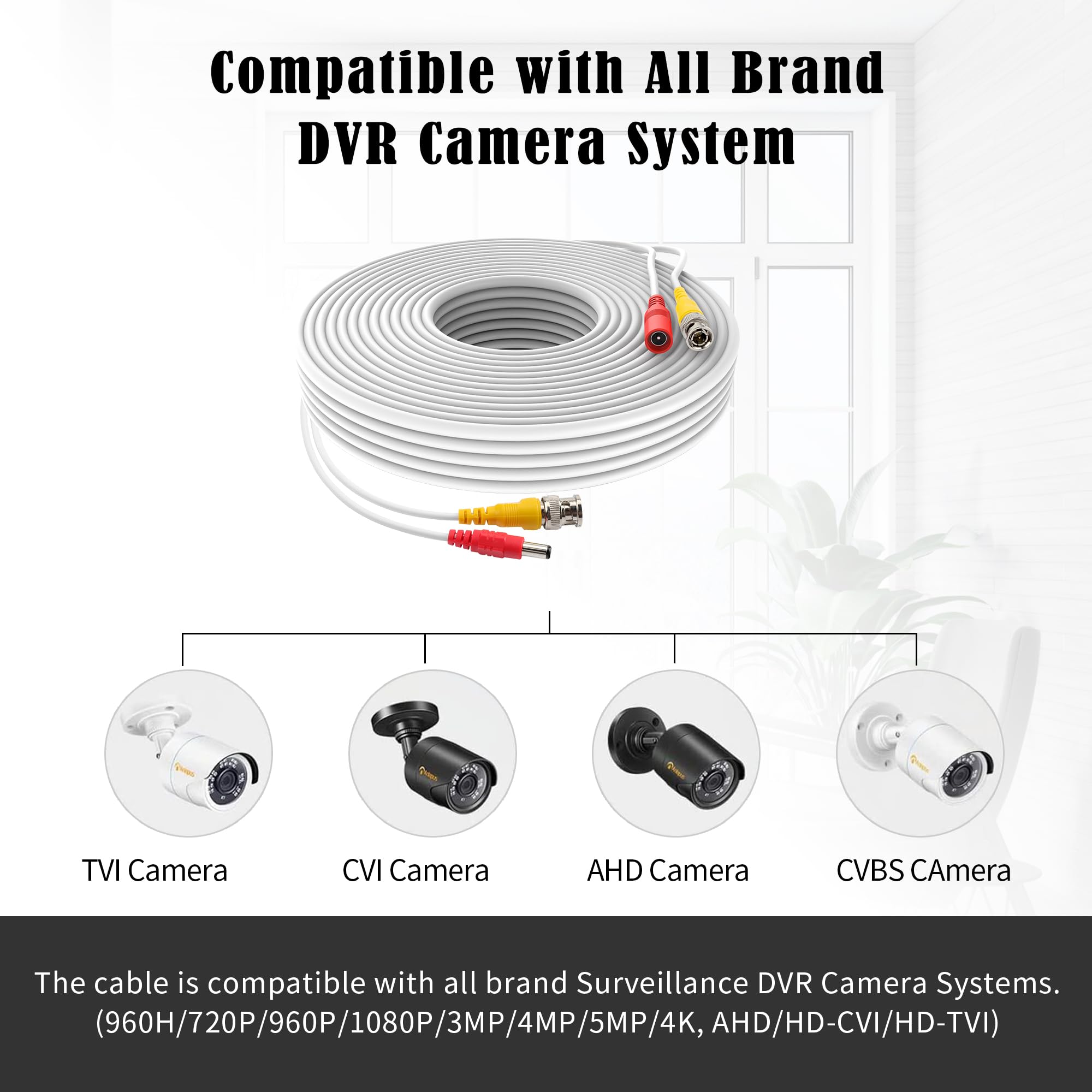 Omilik 1 Pack 50Ft White Bnc Video Power Cable Security Camera Cable Wire Cord For Cctv Dvr Surveillance System With Connectors