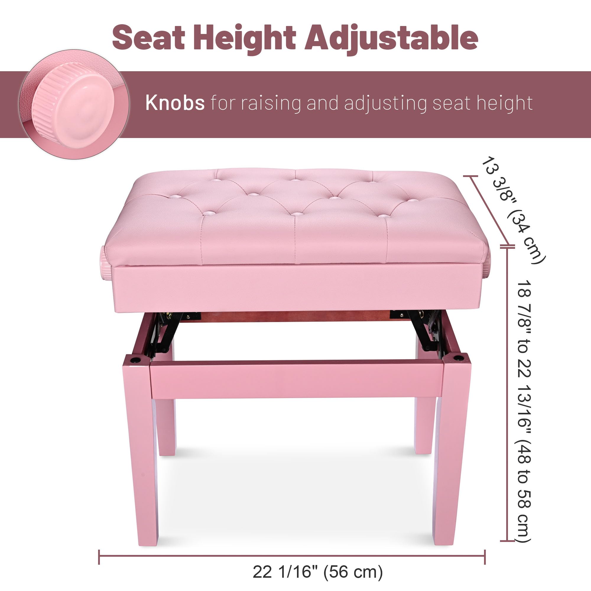 Aw Adjustable Height Piano Bench Pu Leather Padded Wooden Keyboard Stool Storage For Music Books Pink