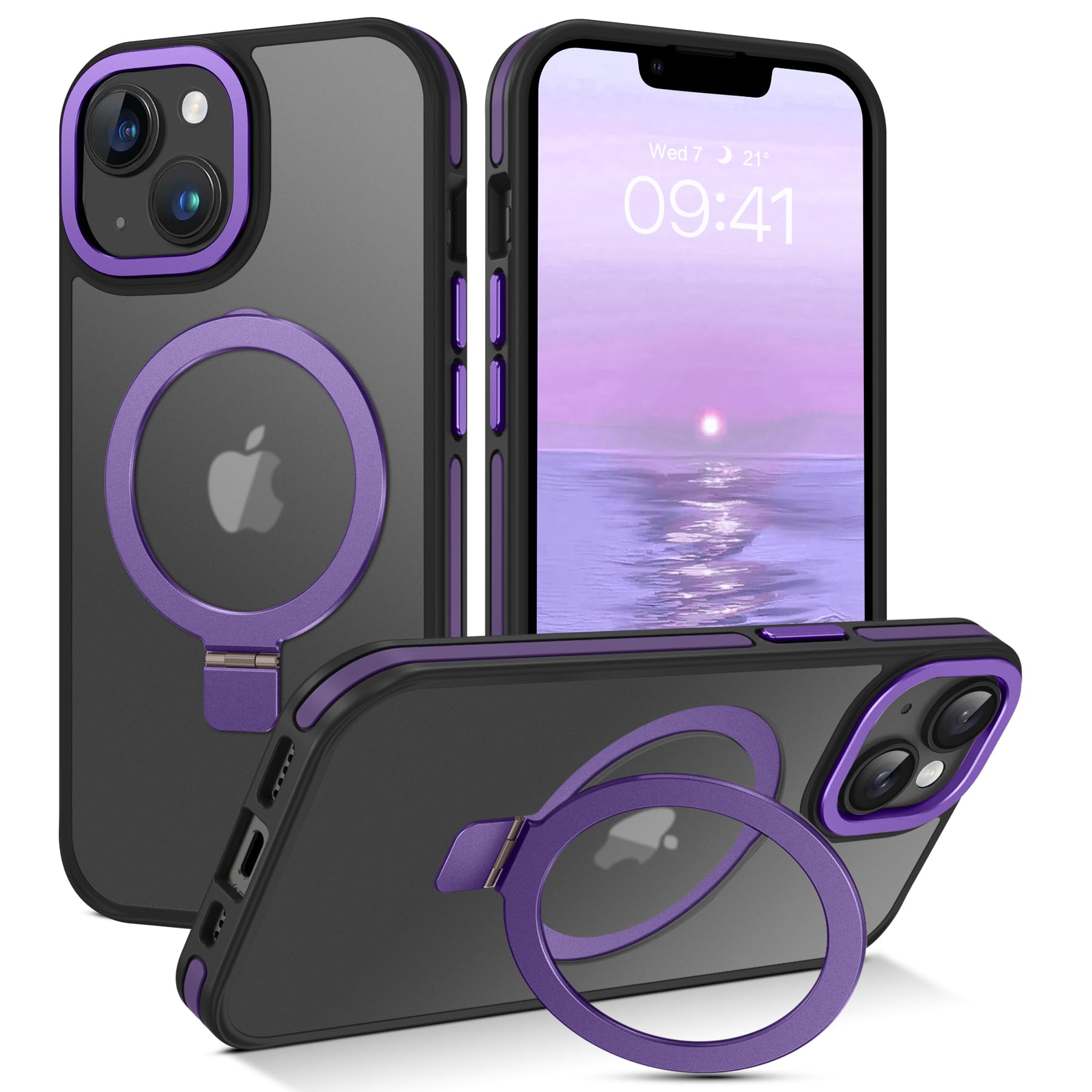 Veningo Iphone 14 Case,Iphone 13 Case,Magnetic Slim Fit Magsafe Translucent Matte Car Mount Supported Foldable Ring Holder Kicks