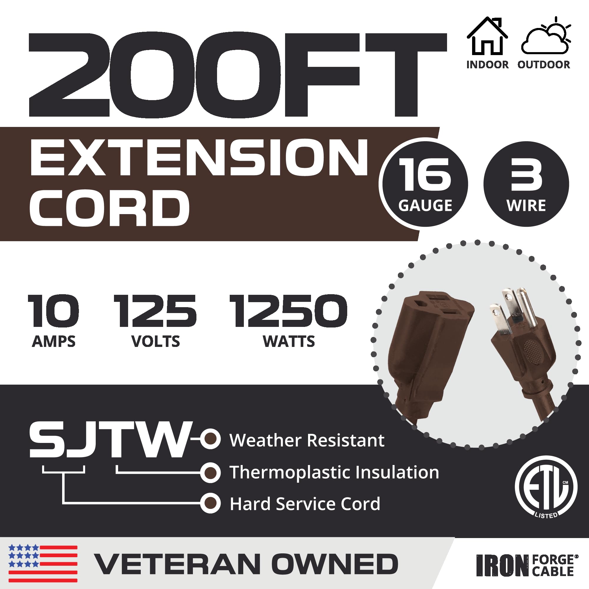 Iron Forge Cable Brown Outdoor Extension Cord 200 Ft, 16/3 Sjtw 200 Foot Dark Brown Exterior Extension Cord 3 Prong, Weatherproo