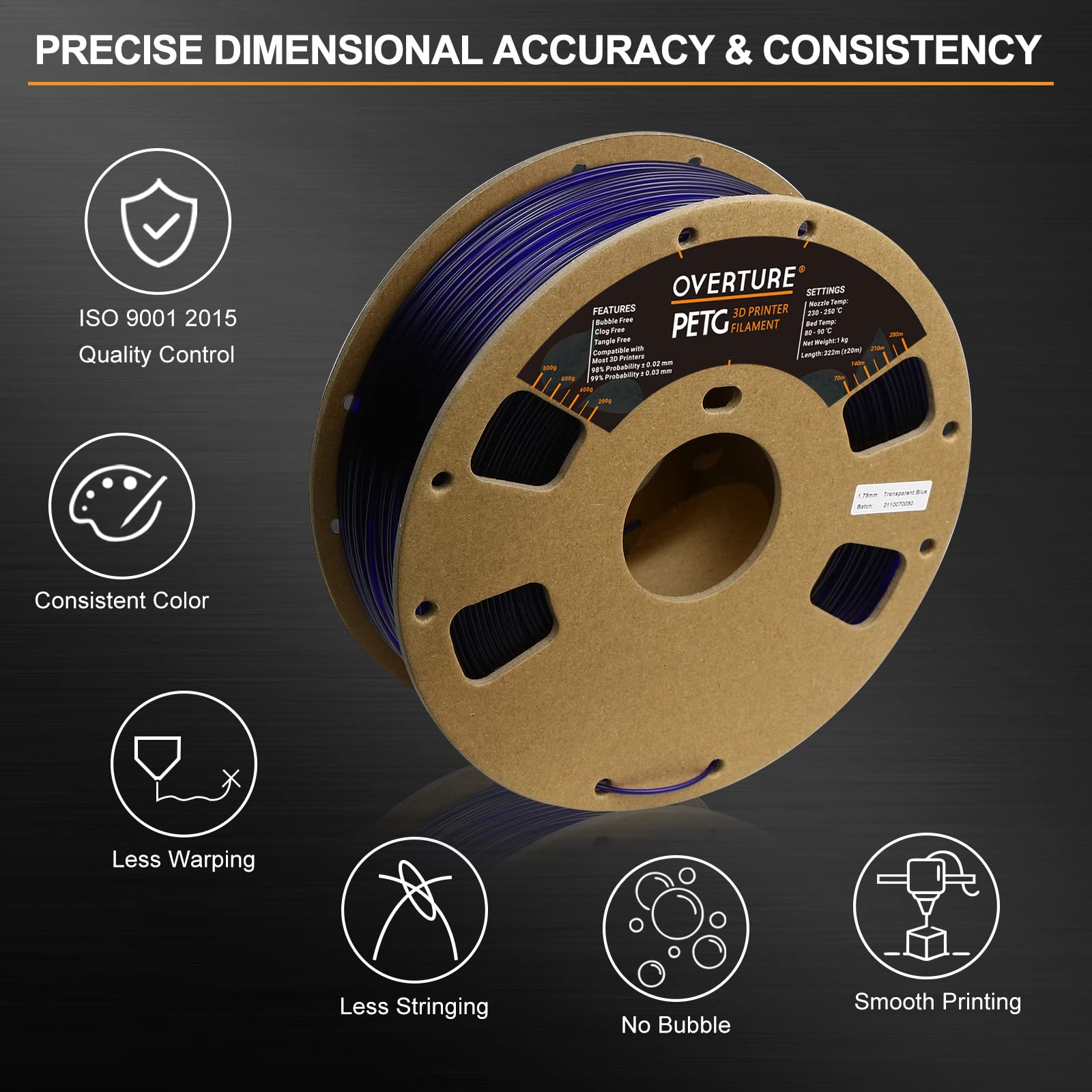 Overture 3D Filament Clear Petg Filament 1.75Mm, Petg 3D Printer Filament, 1Kg Filament (2.2Lbs), Dimensional Accuracy 99% Proba