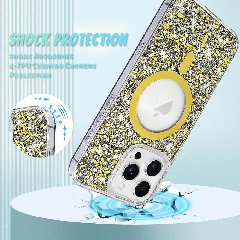 Bonoma For Iphone 16 Pro Max Case, Gold Glitter Bling Back, Magnetic Support For Magsafe Shockproof Case, Crystal And Clear High