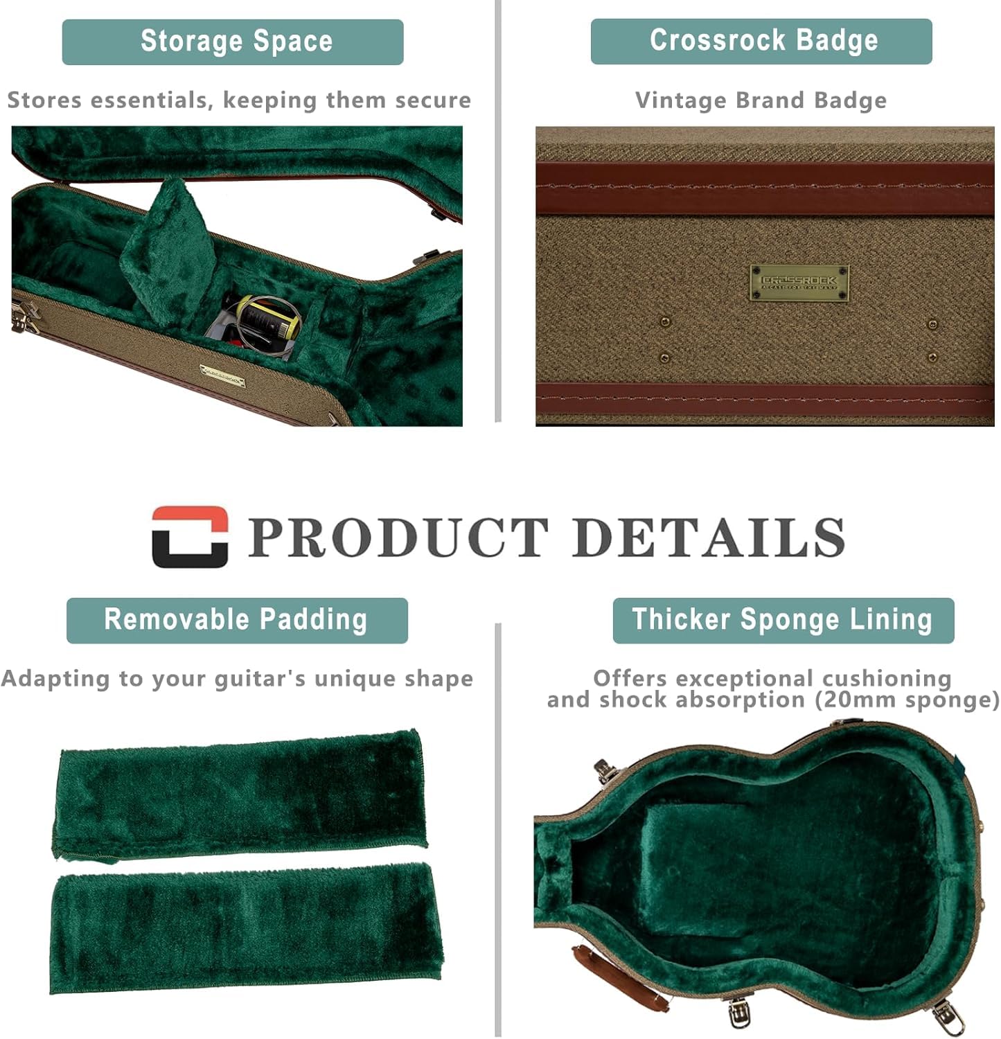 Crossrock Master Series Acoustic Guitar Case For Martin D-28 / Grand Auditorium | Olive Green Eco Tweed Fabric, Re-Engineered Sh