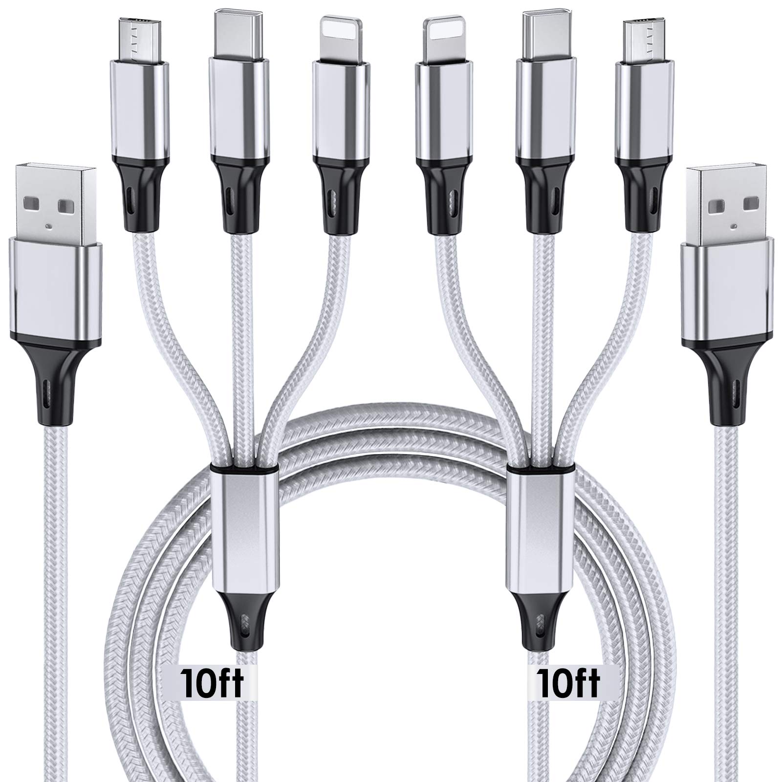 Multi Charging Cable, 10Ft 2Pack Multi Phone Charger Cable Braided Universal 3 In 1 Charging Cord Extra Long Multiple Usb Cable 