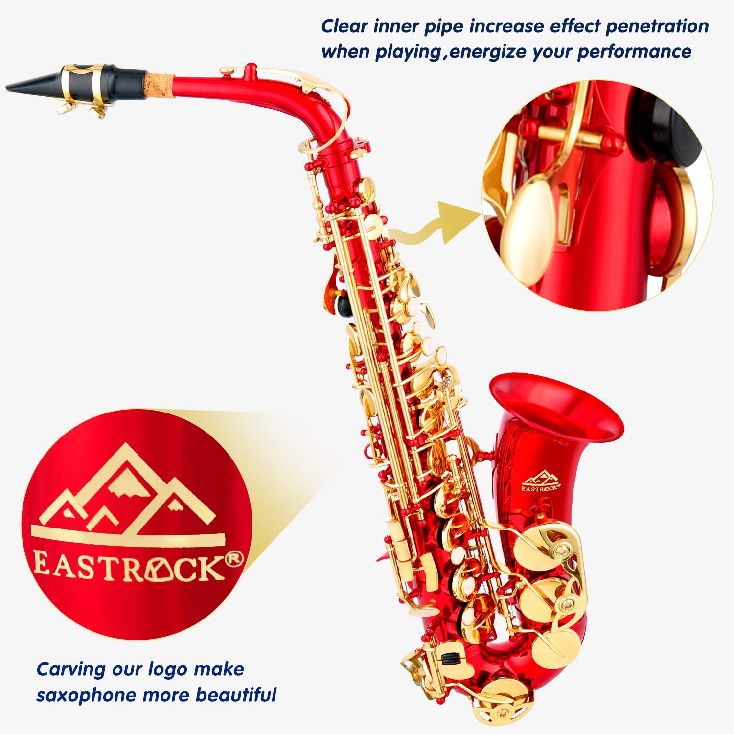 Eastrock Red/Golden Alto Saxophone E Flat Sax Full Kit For Students Beginner With Carrying Case,Mouthpiece,Mouthpiece Cushion Pa