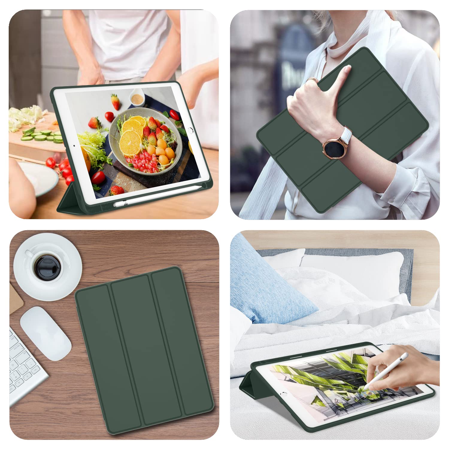 Imieet Ipad 9Th Generation Case 2021/Ipad 8Th Generation Case 2020 10.2 Inch With Pencil Holder, Ipad 7Th Gen 2019 Case With Soft Baby Skin Silicone Back, Auto Wake/Sleep Cover(Dark Green)