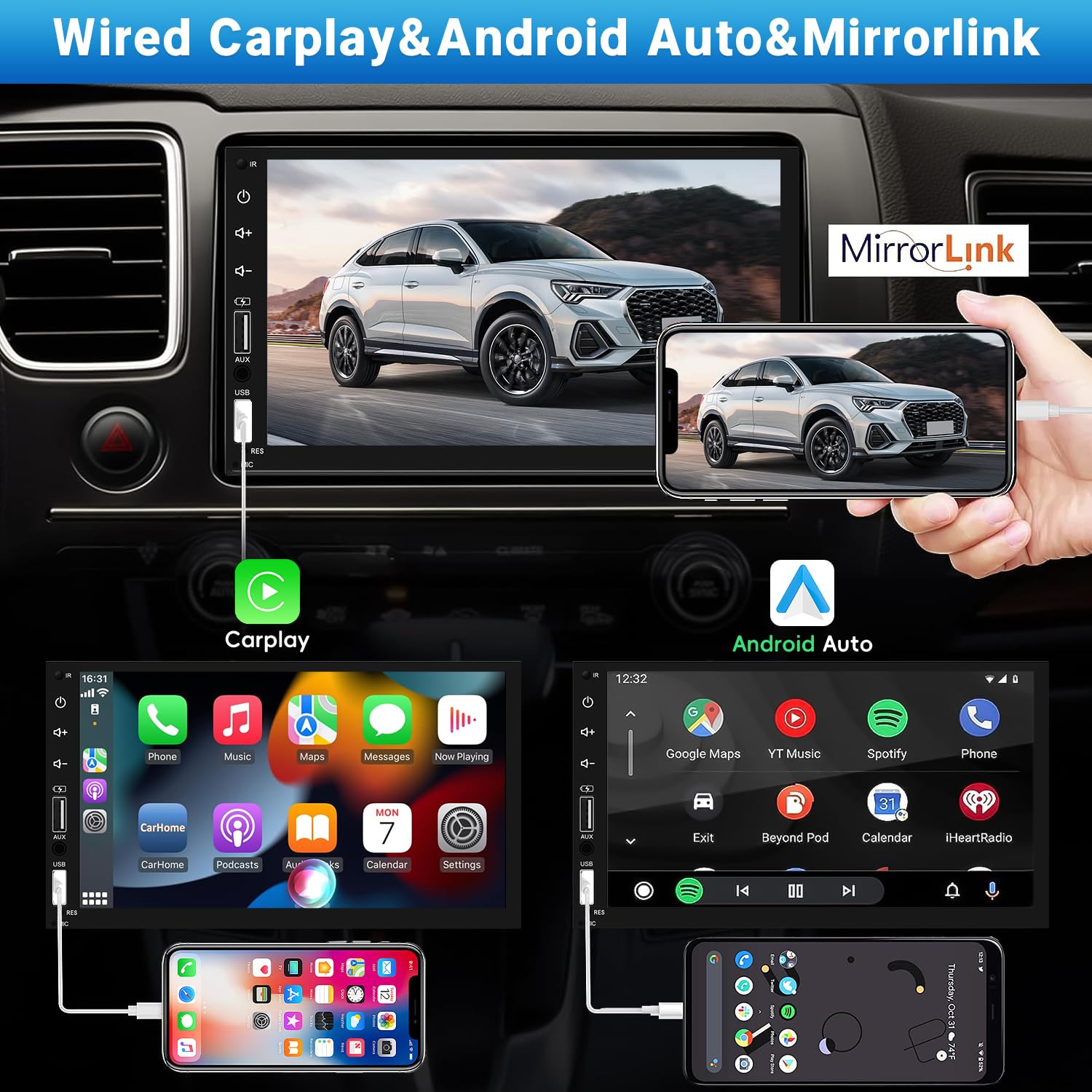 Leadfan Double Din Car Stereo Radio Support Apple Carplay&Android Auto, 7Inch Hd Touchscreen Double Din Radio With Bluetooth, Ca