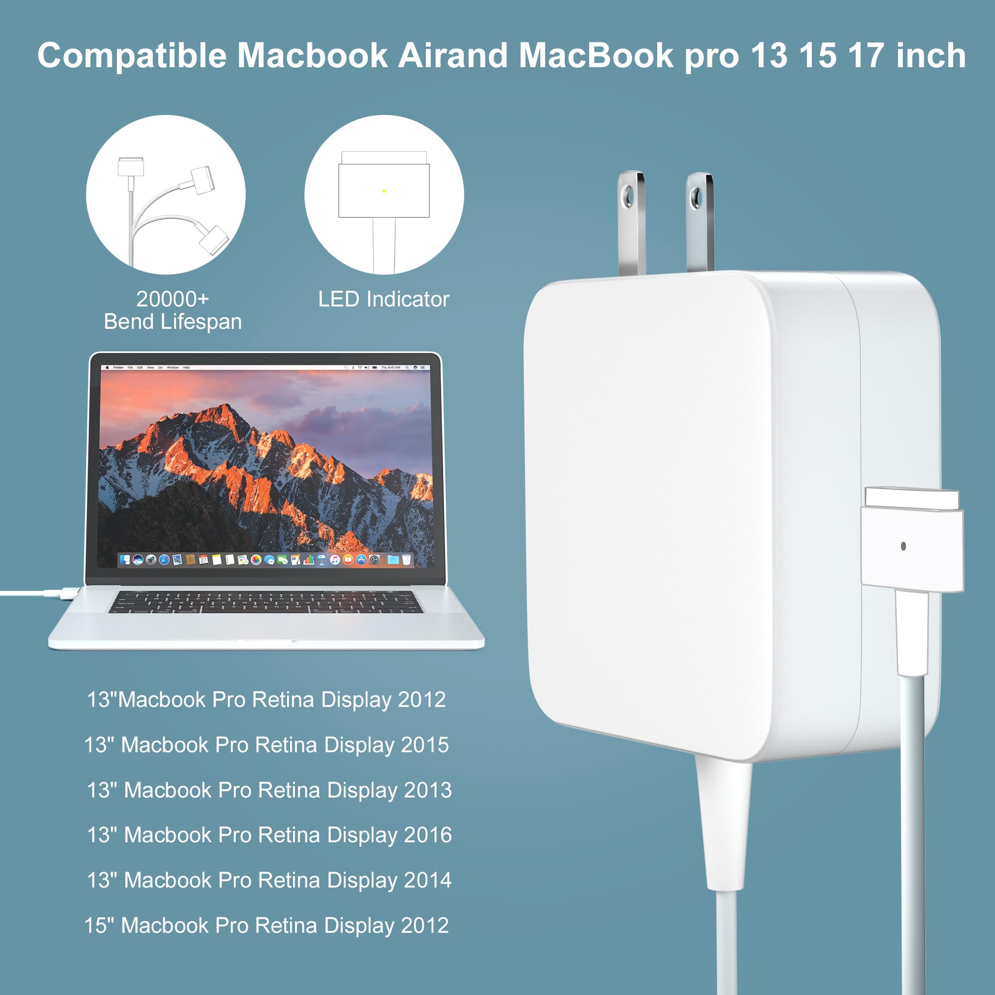 Mac Book Pro 2015 Charger 85W Ac Fast 2T Tip Connector Power Adapter Compatible With A1466 A1278 Mac Book Pro Air 17/15/13 Inch