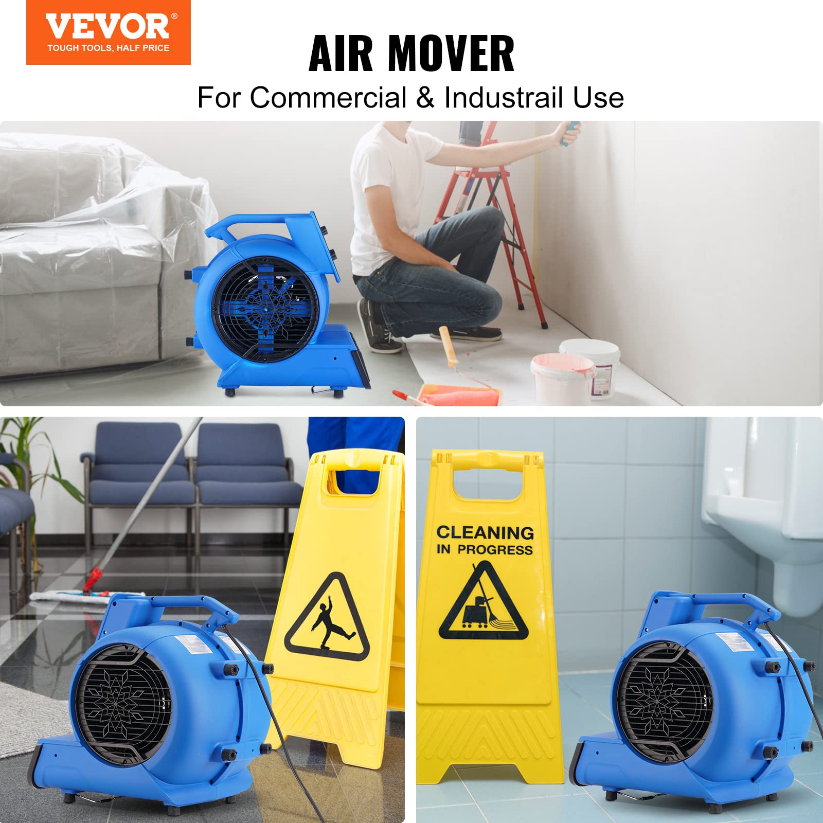 Vevor Air Mover, 1/2 Hp 2600 Cfm Carpet Dryer For Cooling And Ventilating, Portable Floor Blower Fan With 4 Blowing Angles And T