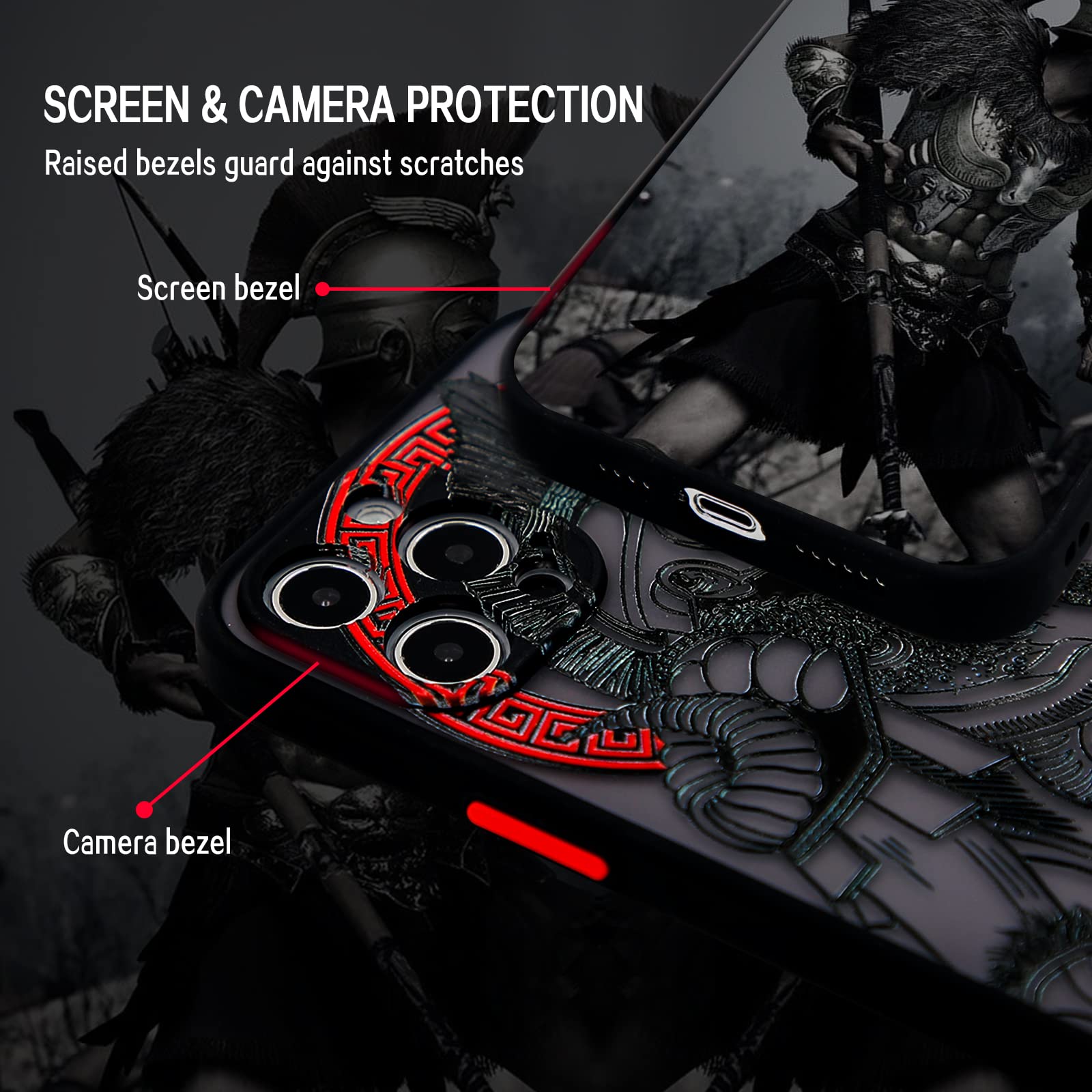TRADAY iPhone 13 Pro Max Phone Case SJK888 3D Embossed Dual Layer TPU PC Gladiator Design