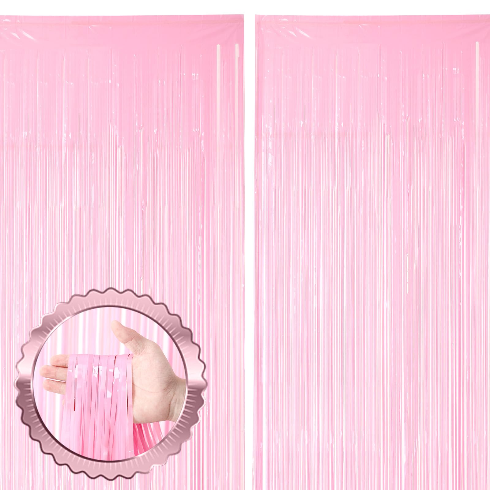 Voircoloria 2 Pack Pastel Pink Tinsel Foil Fringe Curtains, Pink Party Decorations, Metallic Tinsel Party Streamers Backdrop For