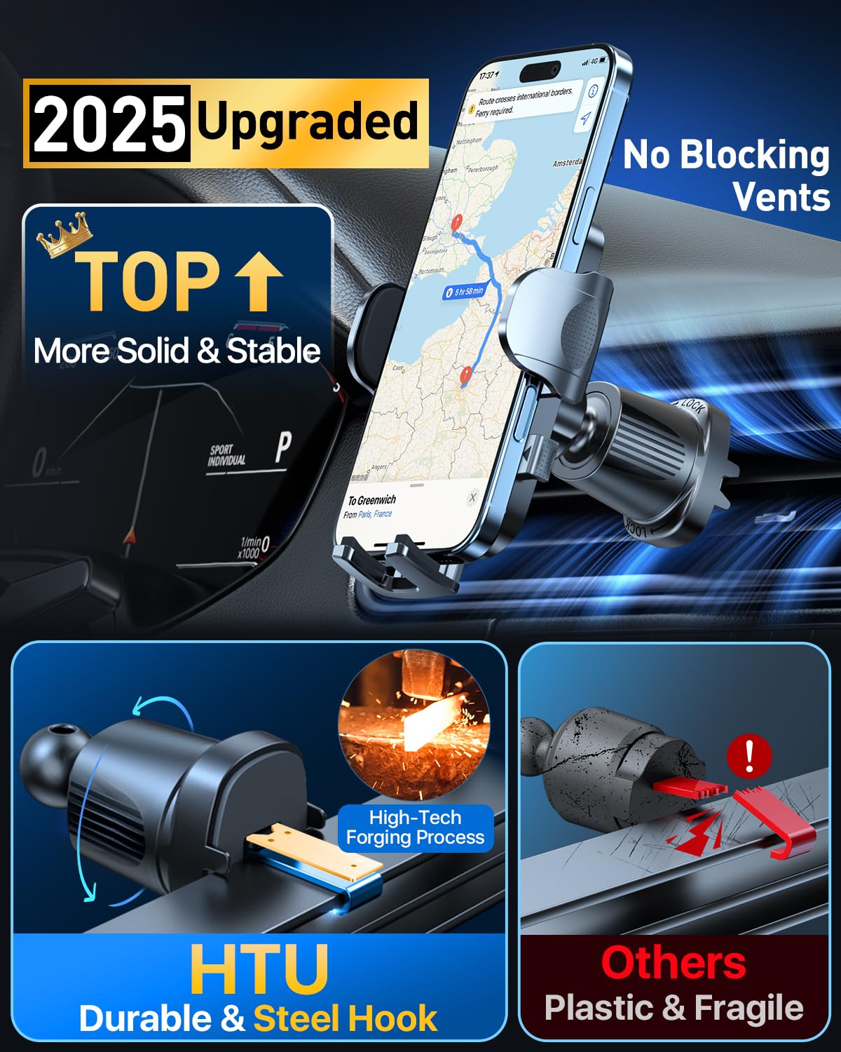 Htu Upgraded Strongest Suction Car Phone Holder Bendable Arm, Never Block View Rotatable Cellphone Mount For Dashboard Windshiel