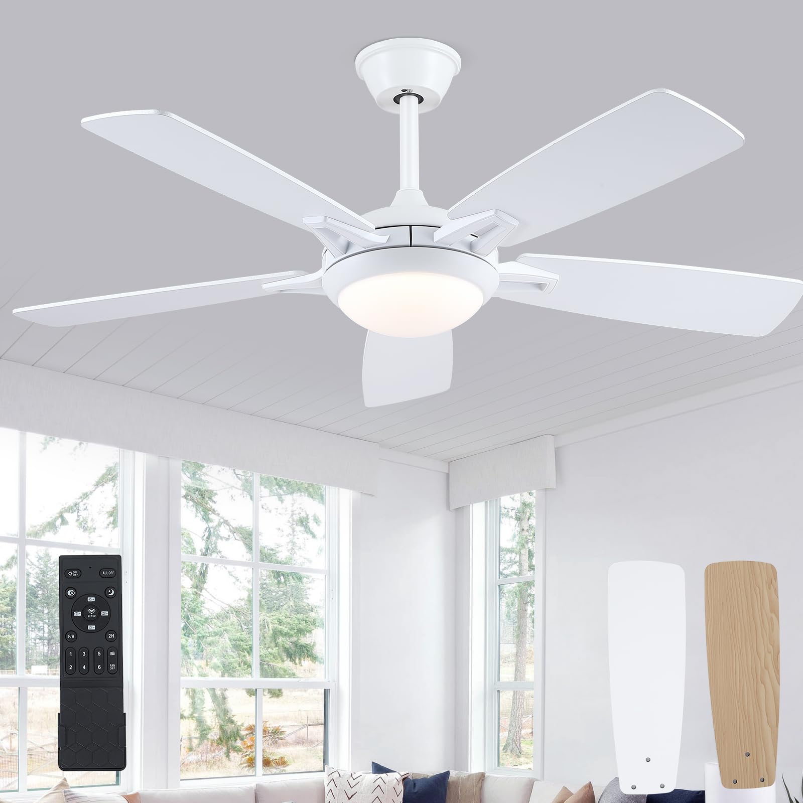 Kviflon Ceiling Fans With Lights And Remote, 46 Inch Modern Ceiling Fan With Light, White Ceiling Fans For Bedroom Living Room I