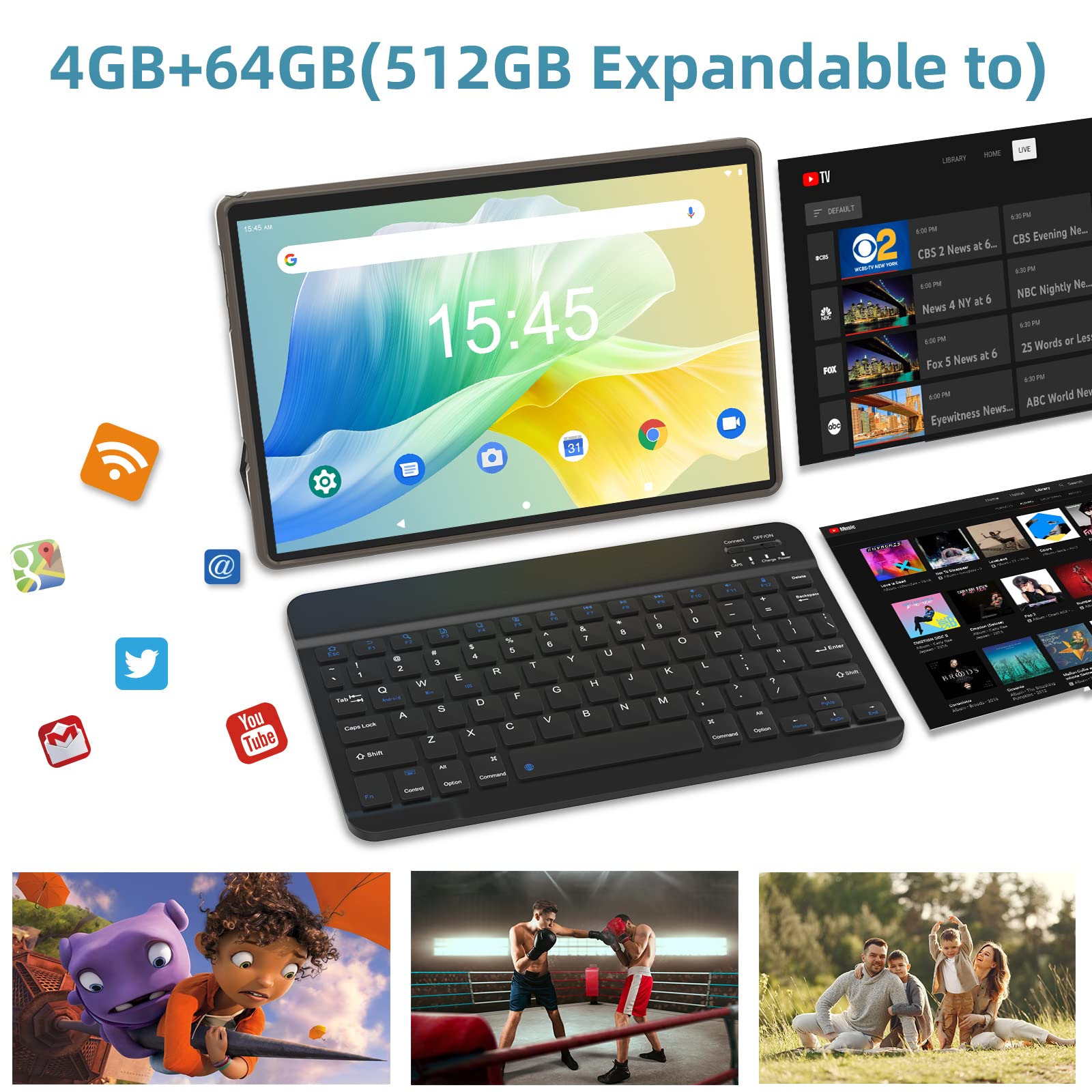 2 In 1 Tablet, 10 Inch Android Tablets With Keyboard 64Gb Rom 512Gb Expandable, Dual Camera, Ips Screen Tablet Computer, Wifi, B