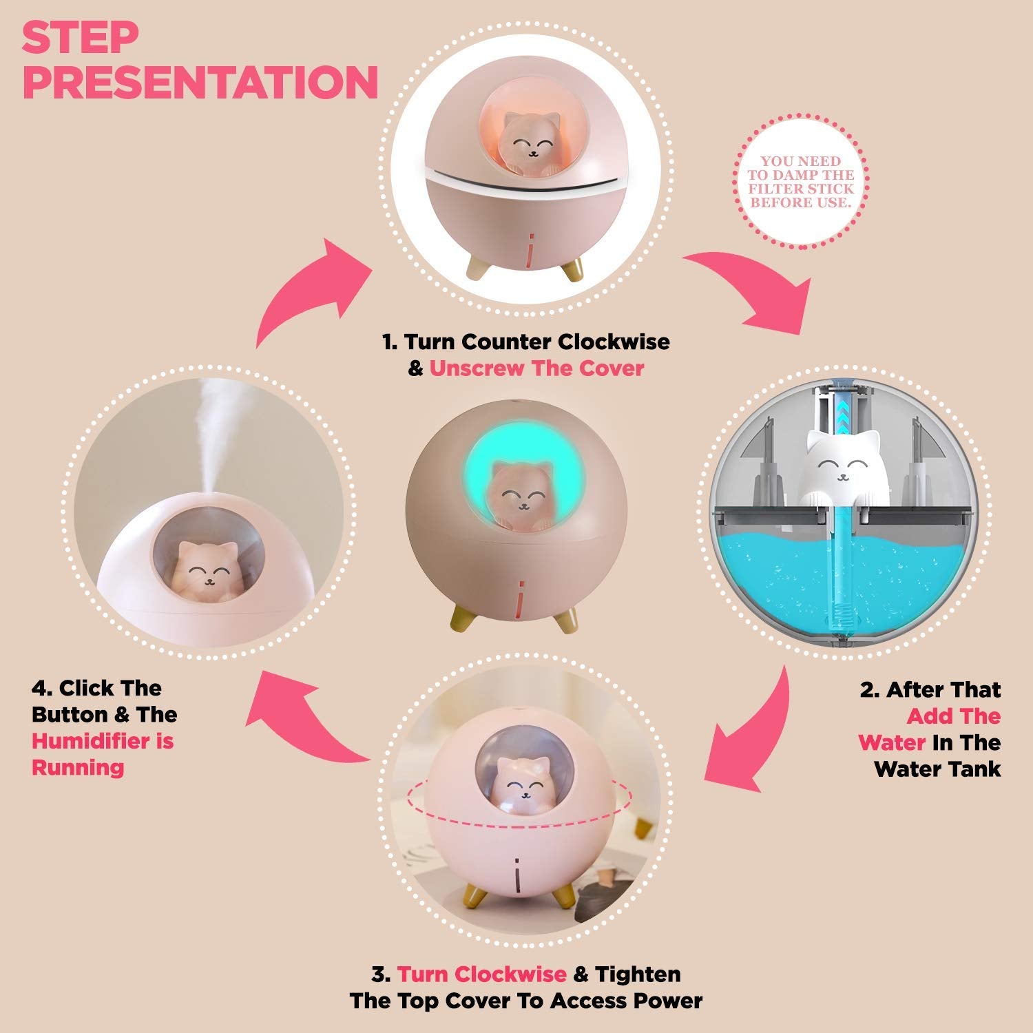 Upgraded Ultrasonic Ultra Quiet 220Ml Usb Cute Cool Mist Mini Humidifier, For Kids Baby Nursery Bedroom, 7 Color Lights 2 Mist M