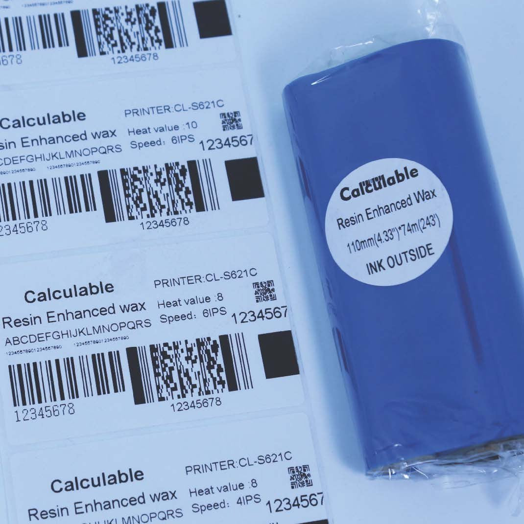 Calculable 4 Rolls 4.33'' X243' (110Mm X 74M) Resin Enhanced Wax Thermal Transfer Ribbon 1/2 Inch Core Ink Outside Barcode Ribbo