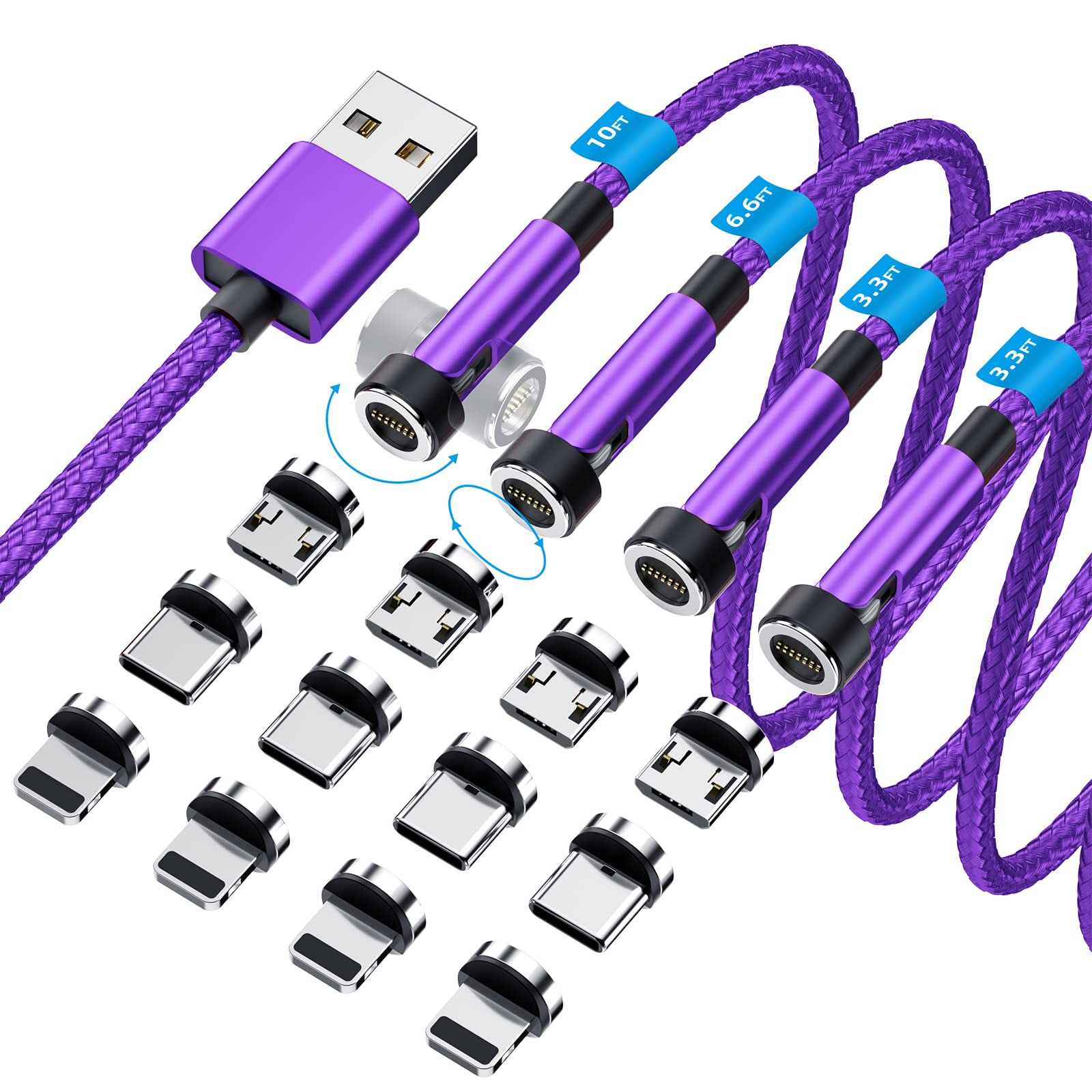 540 Rotation Magnetic Charging Cable 3 In 1 Magnetic Phone Charger [4 Pack, 3Ft/3Ft/6Ft/10Ft] 3A Fast Charging Cable & Data Tran