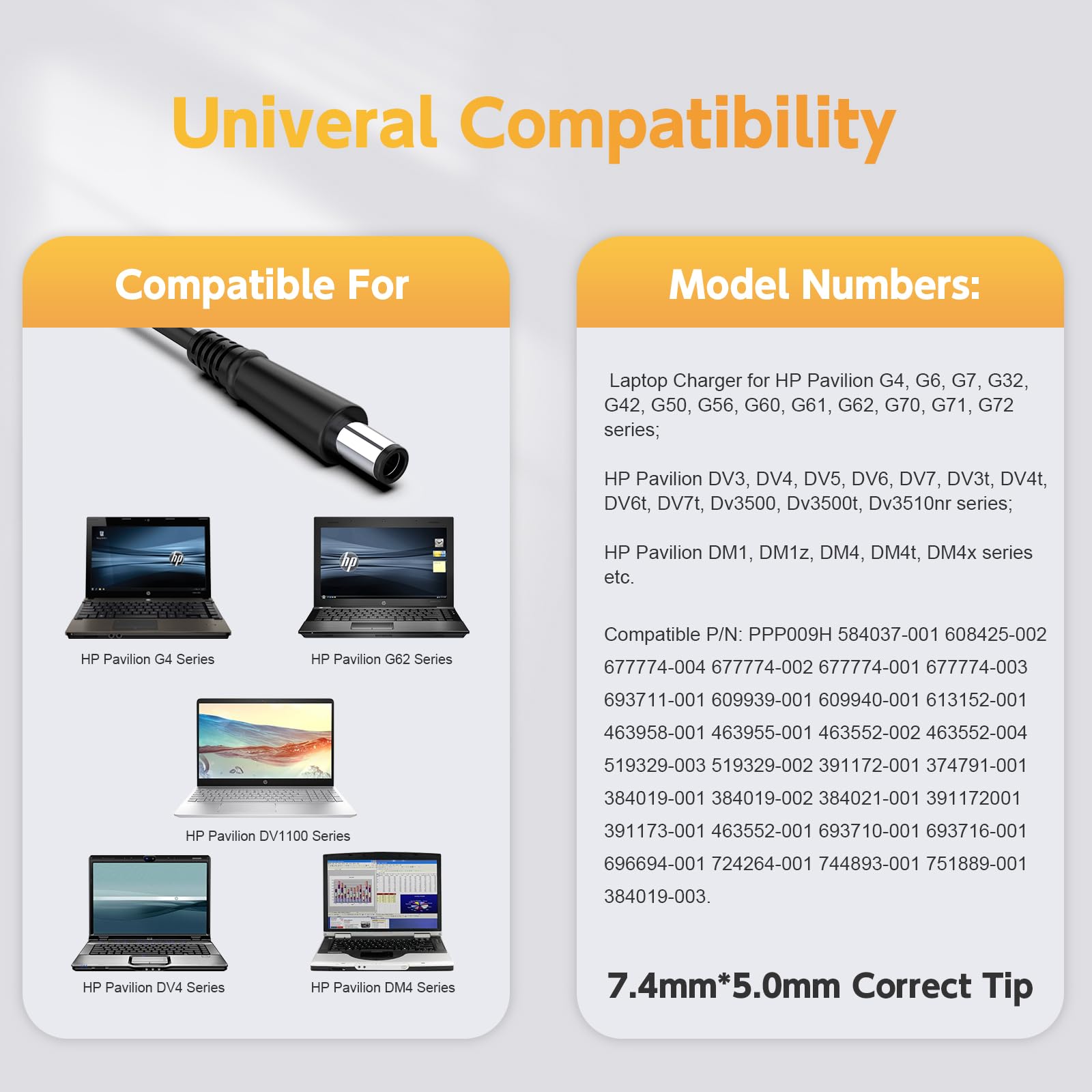 65W Laptop Charger For Hp Pavilion G4 G6 G7 G60 G61 G62 G71 G72; Pavilion Dv7 Dv6 Dv5 Dv4 Dv3 Dv3T Dv4T Dv6T Dv7T Dv3500 Ac Adapter; Dm1, Dm1Z Dm4 Dm4T Laptop Power Supply Cord (18.5V, 3.5A)