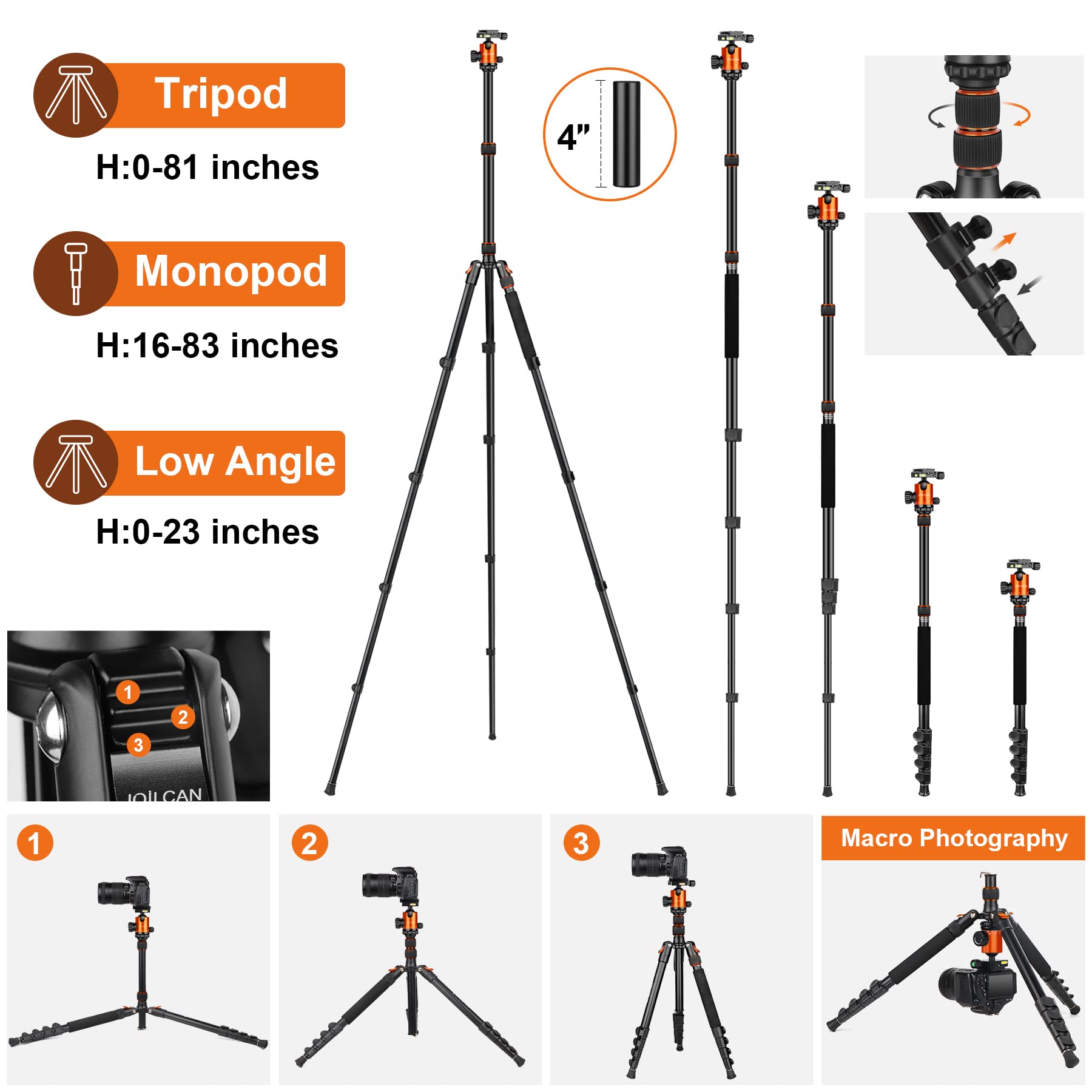 Joilcan Tripod For Camera, 81 Camera Tripod Stand, 83 Inches Dslr Tripods & Monopods, Heavy Duty Travel Tripod For Binoculars La