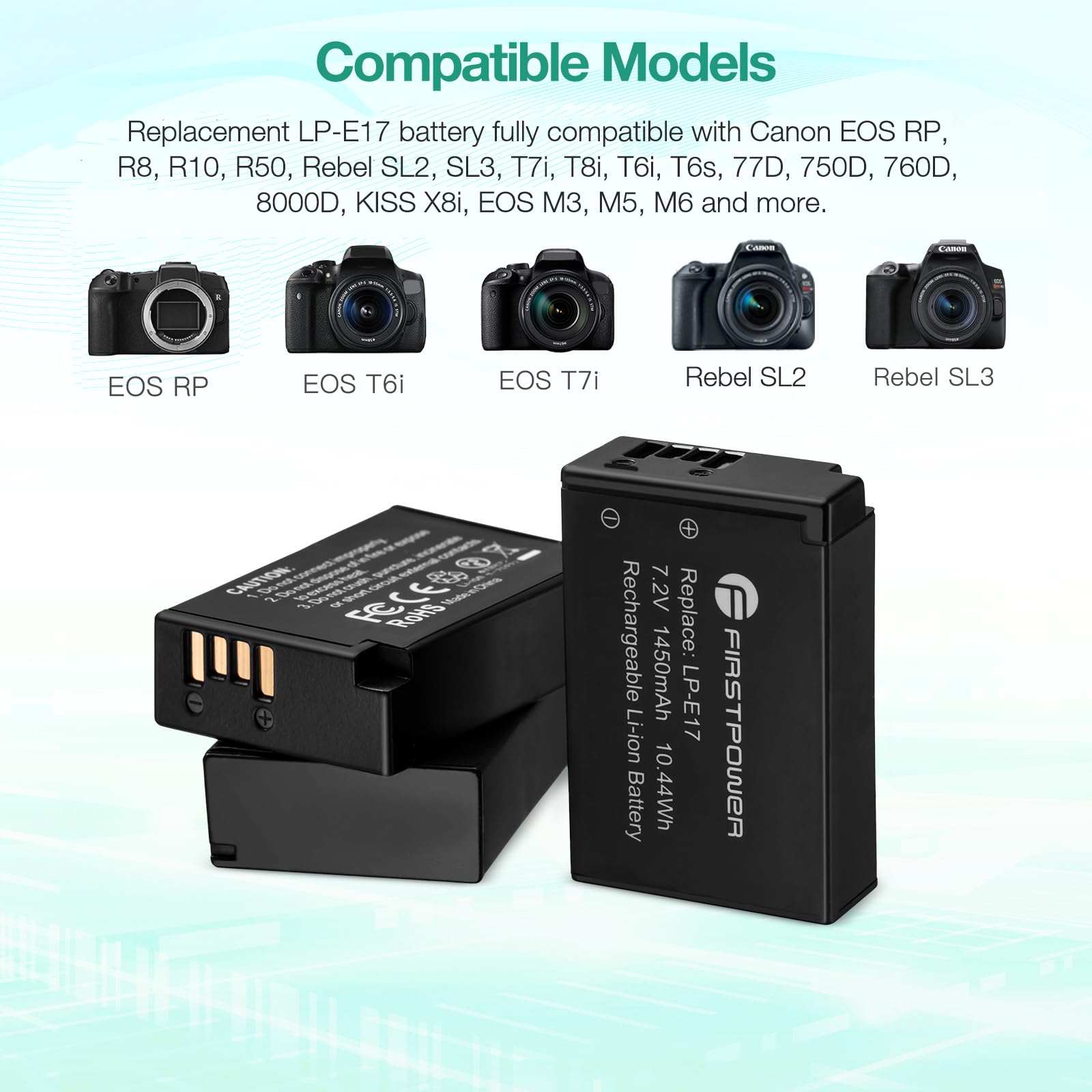 FirstPower LP-E17 Camera Battery 3-Pack & Triple Slot Charger for Canon EOS R8 R10 R50 RP Rebel T8i T7i T6i SL3 Black