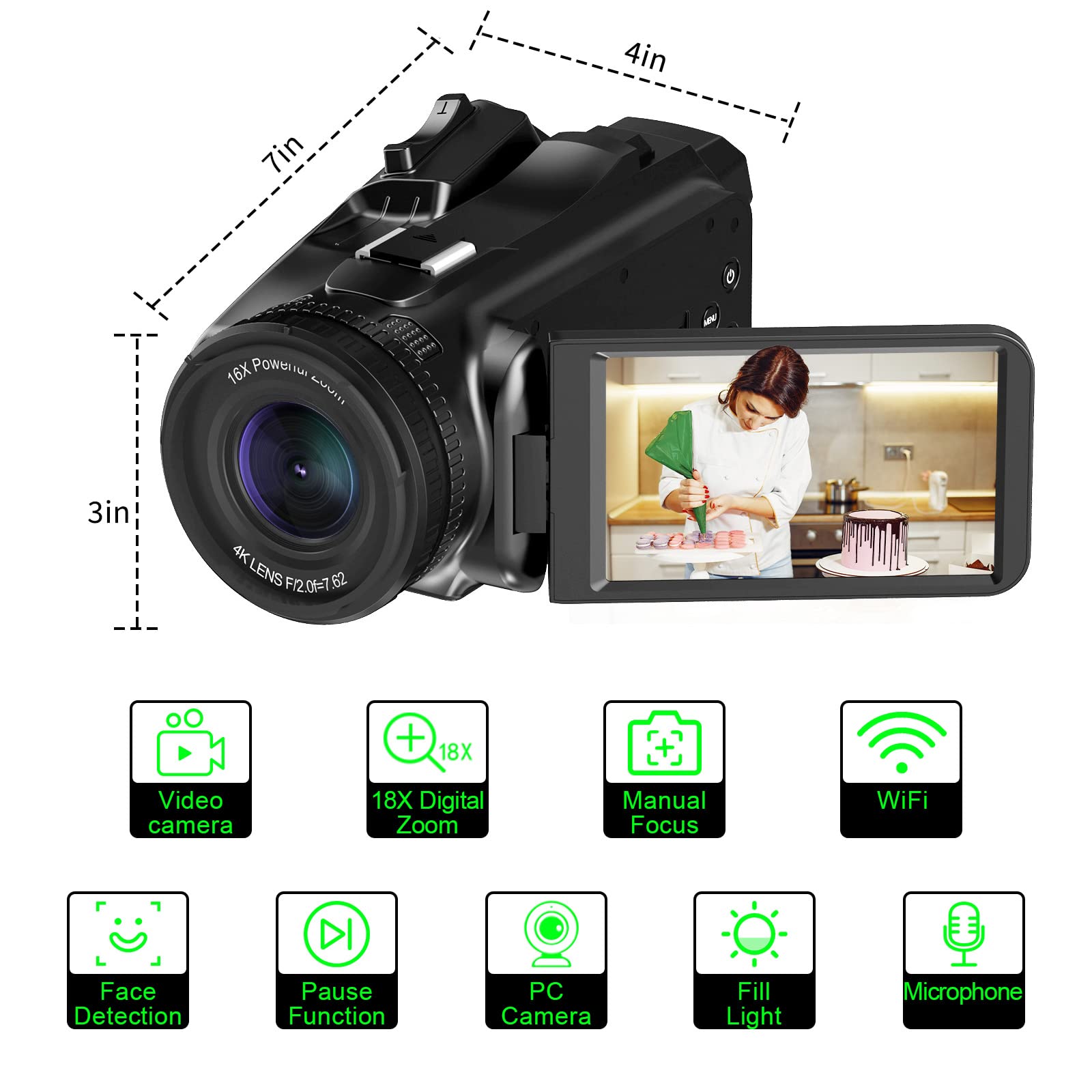 4K Camcorder Video Camera 64Mp Vlogging Camera For Youtube 18X Digital Zoom 4.0 Inch Touch Screen Video Camcorder With Wifi, 450