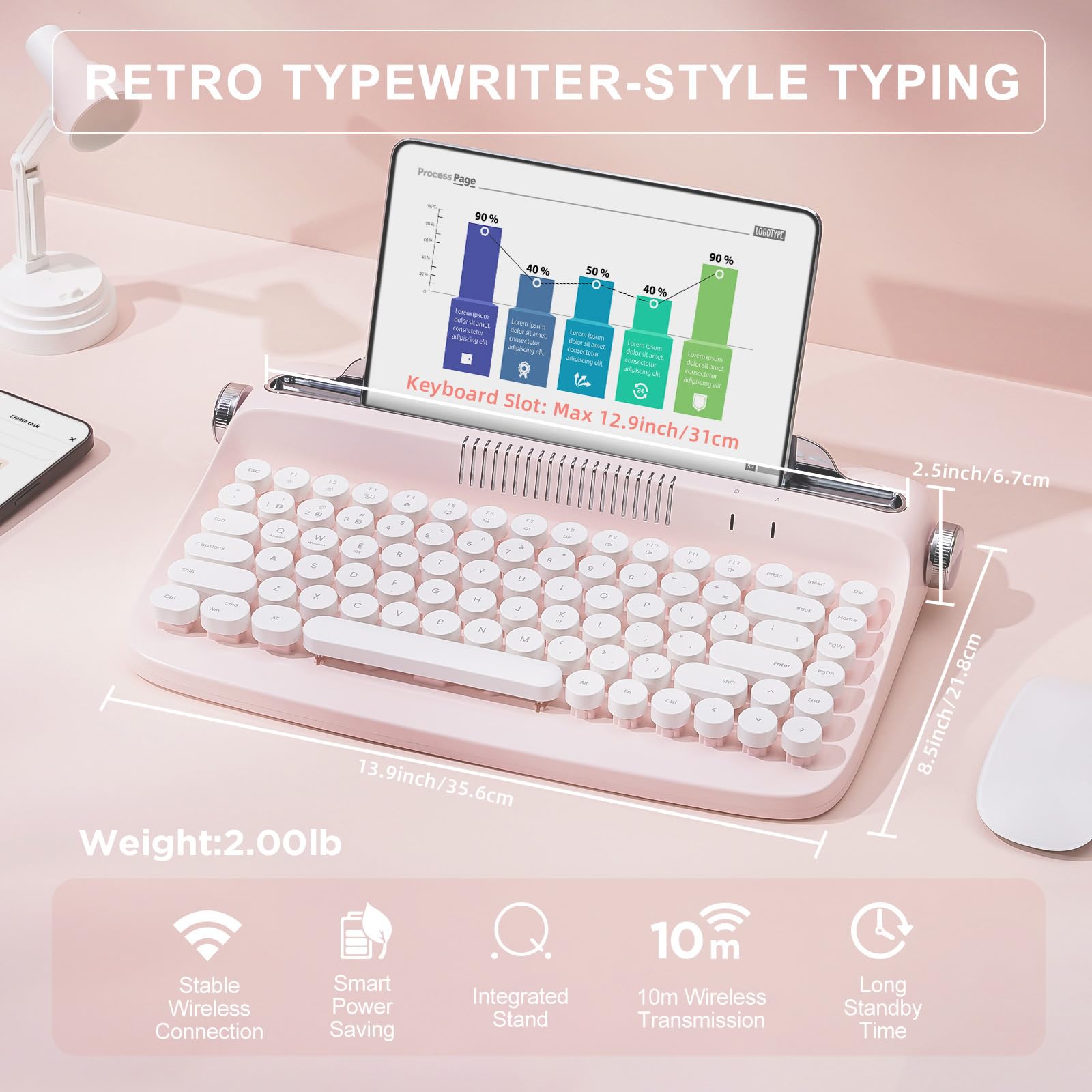 Yunzii B303 Wireless Keyboard, Retro Bluetooth Aesthetic Typewriter Style Keyboard With Integrated Stand For Multi Device (B303,