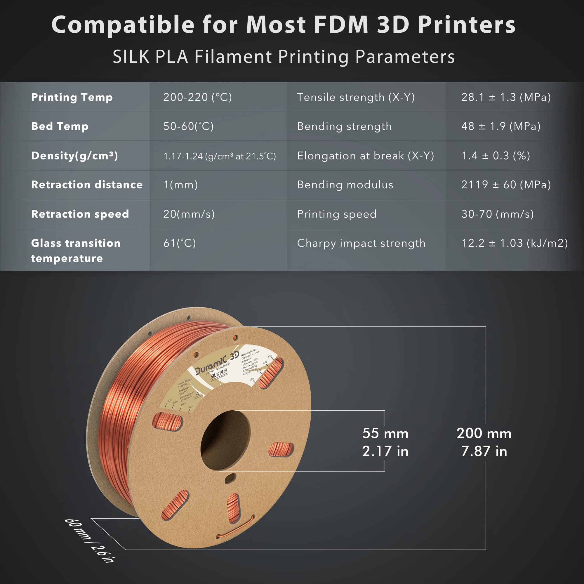 Duramic 3D Shiny Silk Pla Filament 1.75Mm Shiny Metallic Pla Filament Dimensional Accuracy +/- 0.05 Mm Copper