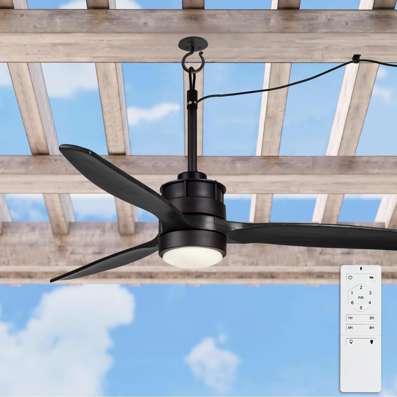EKIZNSN 42 Inch Waterproof Outdoor Ceiling Fan for Gazebo with Hook - Damp Rated Hanging Fan with Light for Garage, Black