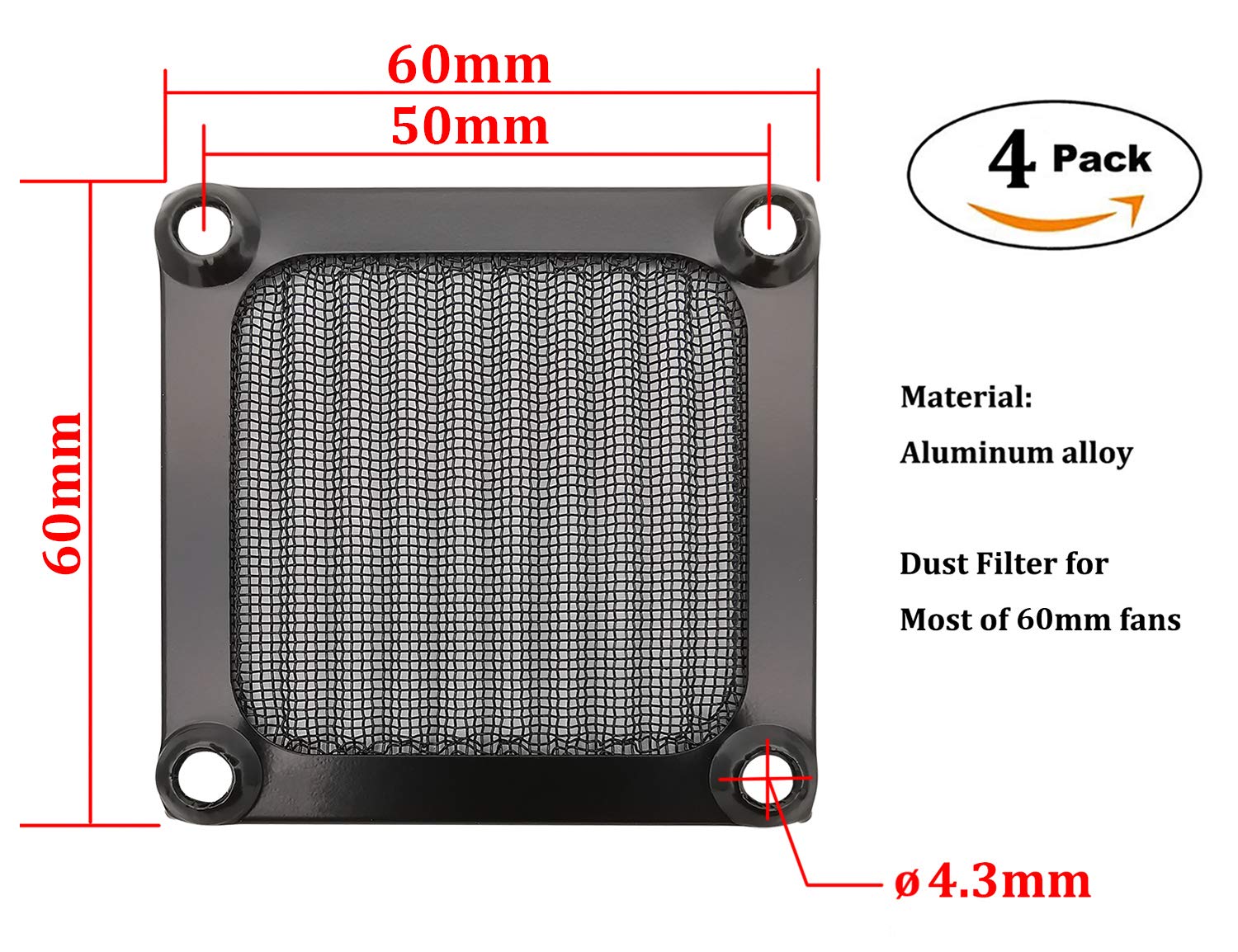 60Mm Computer Case Fan Filter Grills With Screws, Aluminum Frame Ultra Fine Stainelss Steel Mesh, Black Color   4 Pack