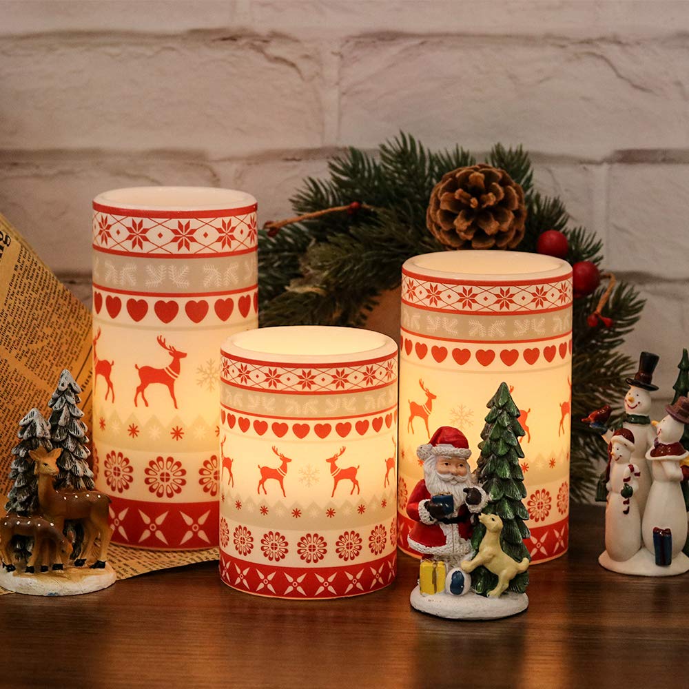 Genswin Flameless Flickering Led Candles Battery Operated With 6 Hours Timer, Real Wax Pillar Candles Warm Light Love Deer Decal