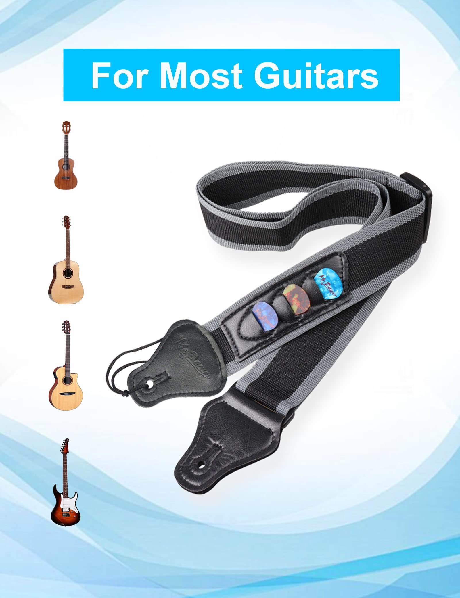 Mr.Power Guitar Strap 36.6In   65In With 3 Pick Holders For Electric/Acoustic (Nylon Strap With Accessories)