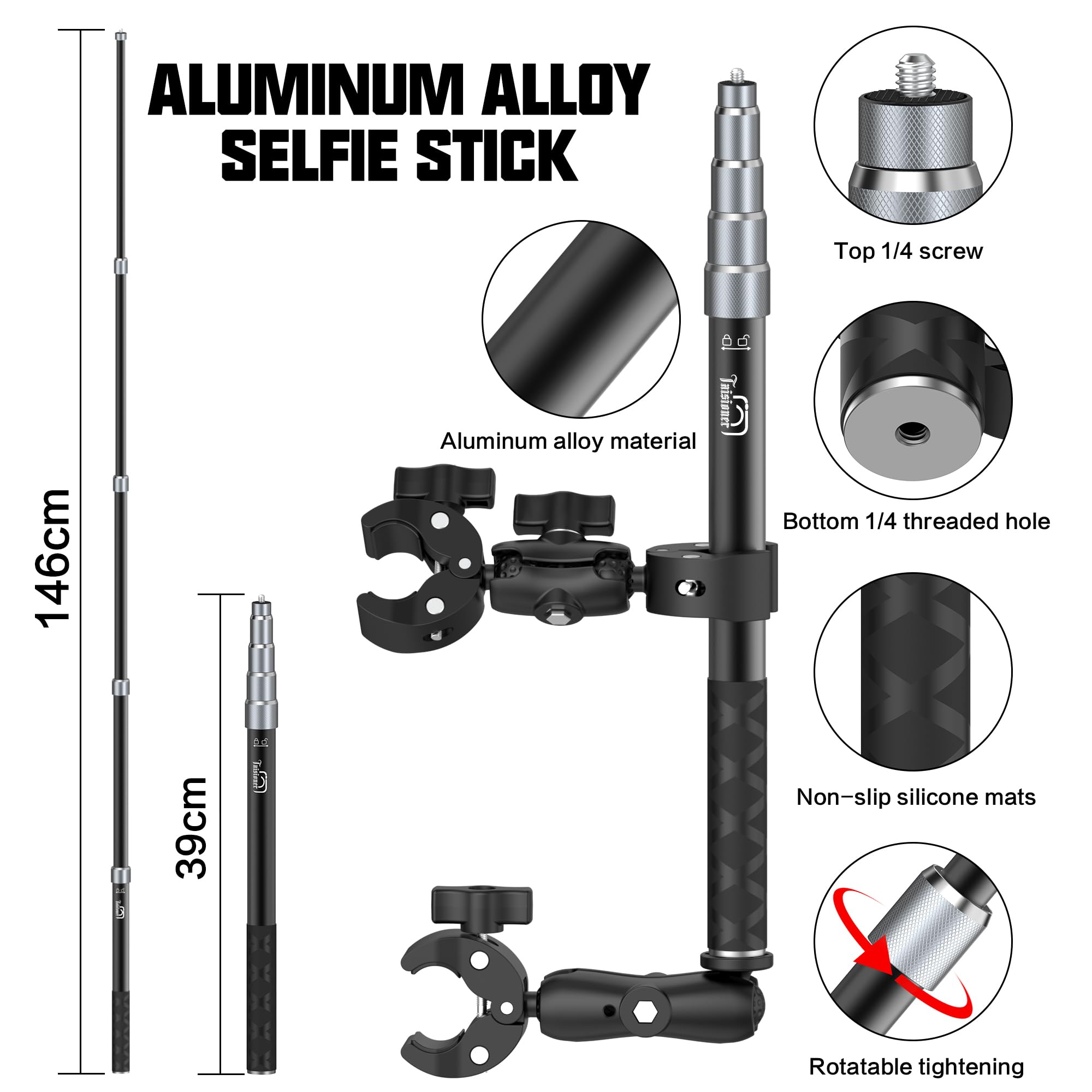 Taisioner Motorcycle Bike Handlebar Double Clamp Mount With 59' Invisible Selfie For Insta360 X4/X3/X2/Xone/Go2/3(Locking Anti Fall Version)