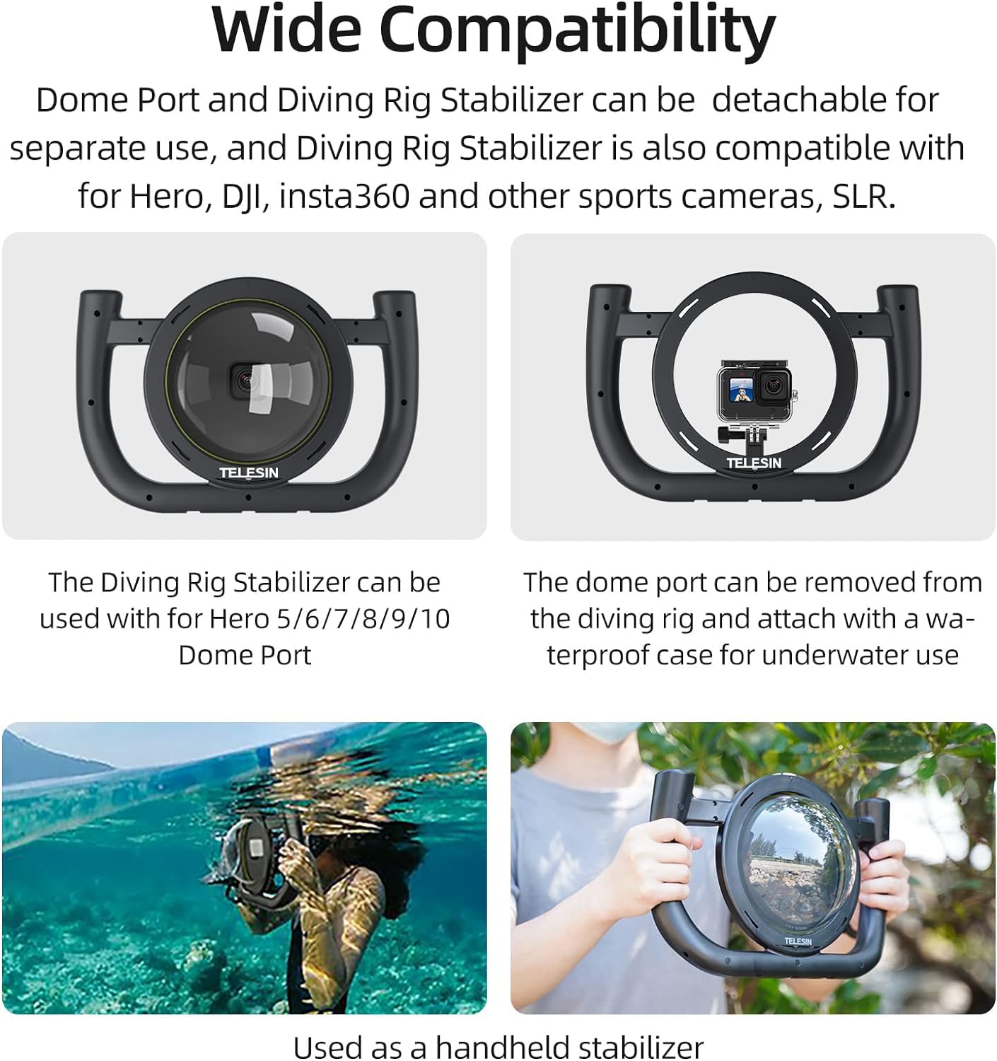 Telesin Dome Port With Diving Stabilizer Kit For Gopro Hero 13 Hero 12 Hero 11 Hero 10 Hero 9, Underwater Waterproof Housing Div