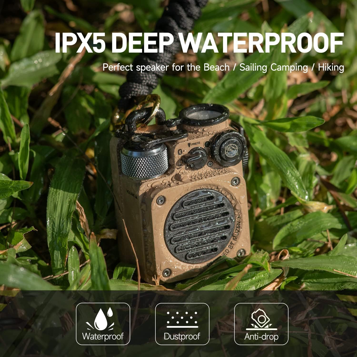 Muzen Portable Bluetooth Speaker, Wild Mini Rugged Travel Outdoor Speaker, Wireless Waterproof Ipx5 With Flashlight, Stereo Soun