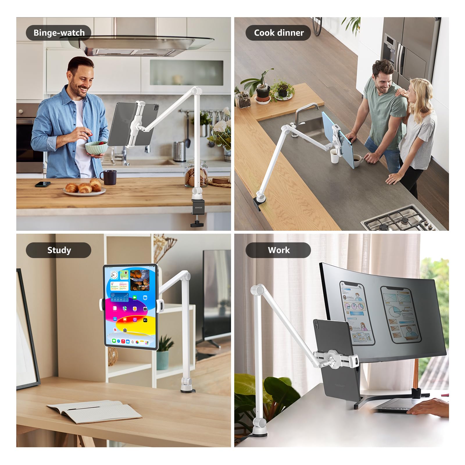 Bewiser Tablet Stand Holder Desk Mount,360Rotating Flexibly, Angle Adjustable Long Arm, Folding Aluminium Alloy Compatible With4