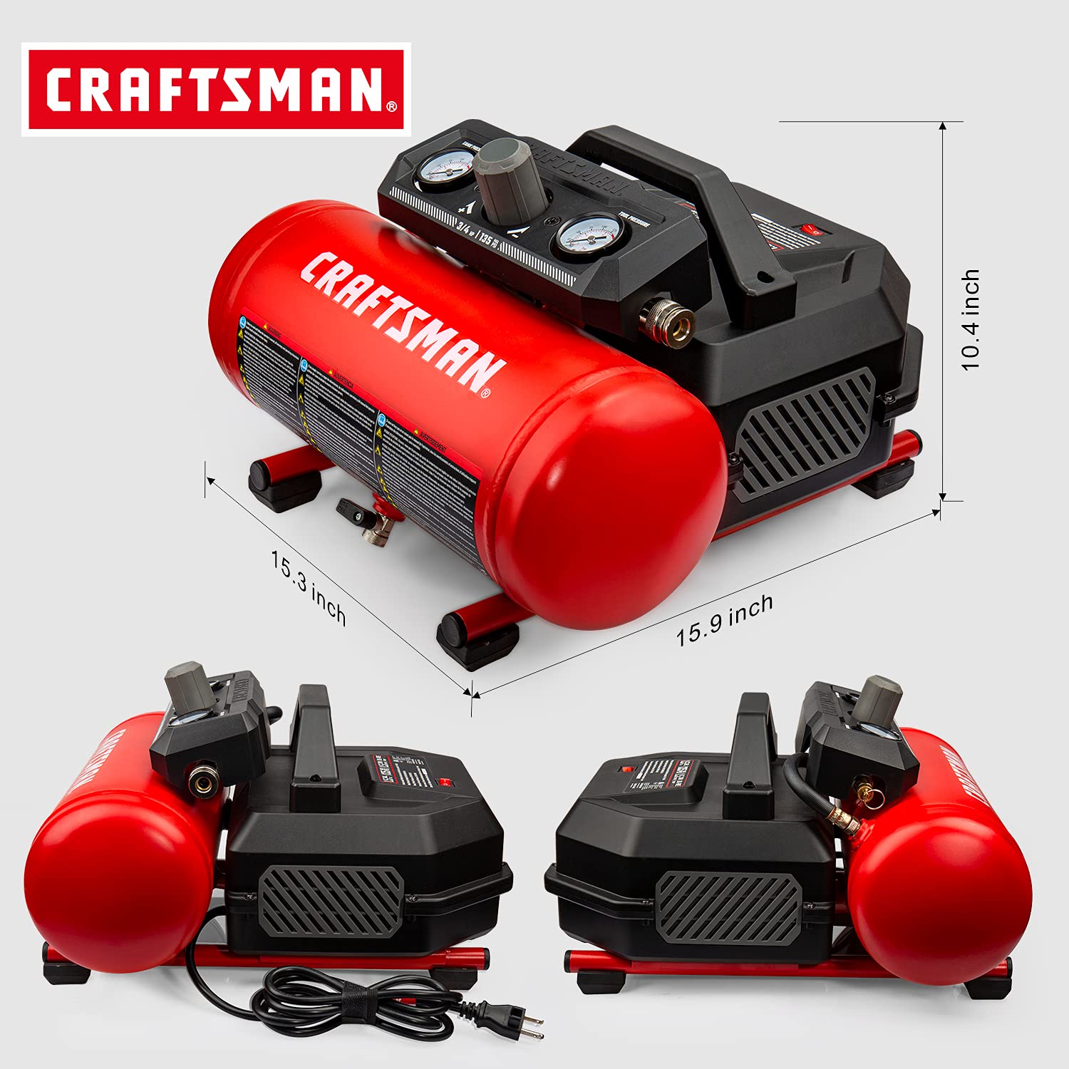 Craftsman Air Compressor, 1.5 Gallon 3/4 Hp Max 135 Psi Pressure, 1.5 Cfm@90Psi And 2.2 Cfm@40Psi, Stainless Steel Portable Oil