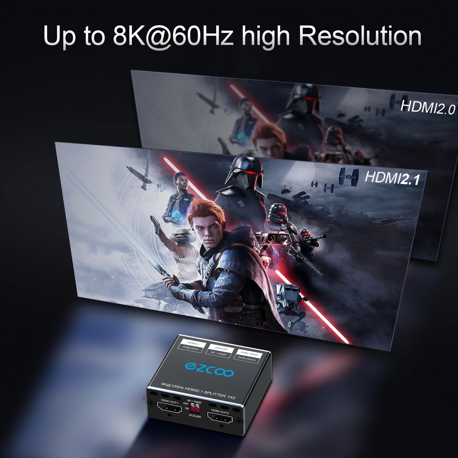 Hdmi 2.1 Splitter 4K 120Hz 8K 60Hz 1 In2 Out Vrr Allm Hdcp2.3 Hdr10 8Kuhd Dolby Vision Atmos Scaler 4K Edid 1080P Dual Monitors