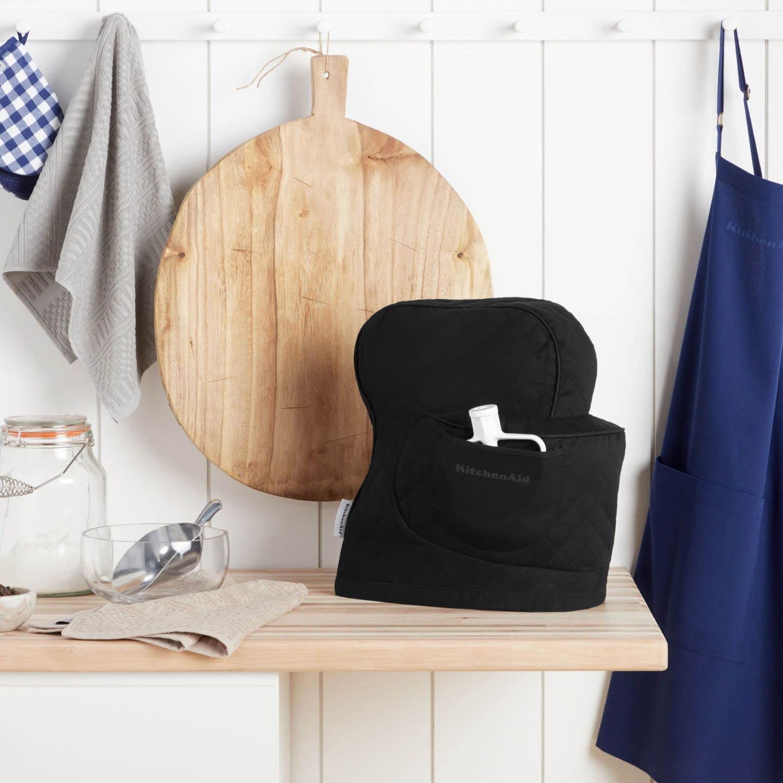 Kitchenaid Fitted Tilt Head Solid Stand Mixer Cover With Storage Pocket, Quilted 100% Cotton, Onyx Black, 14.4''X18''X10''