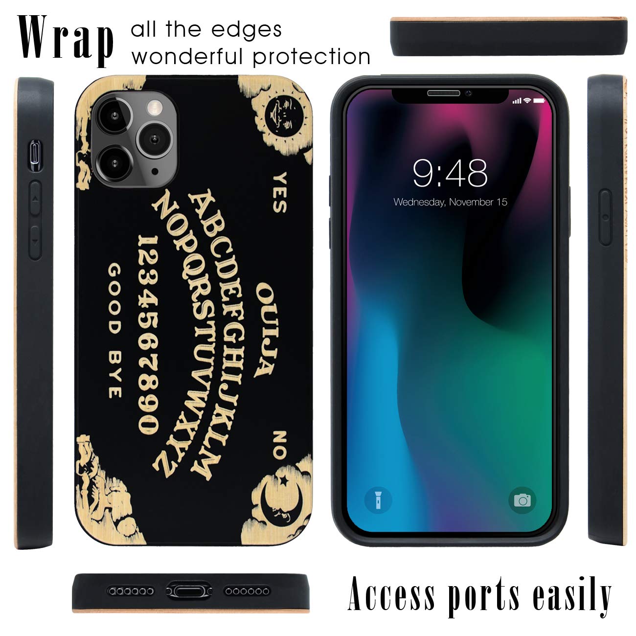 Iproductsus Compatible With Iphone 13 (6.1'') Ouija Board Phone Case And Screen Protector, Cool & Unique Black Bamboo Wooden Eng