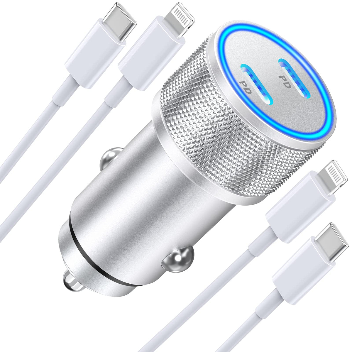 [Apple Mfi Certified] Fast Car Charger, Linocell 60W Dual Usb C Power Delivery All Metal Rapid Car Charger Adapter With 2Pack Ty