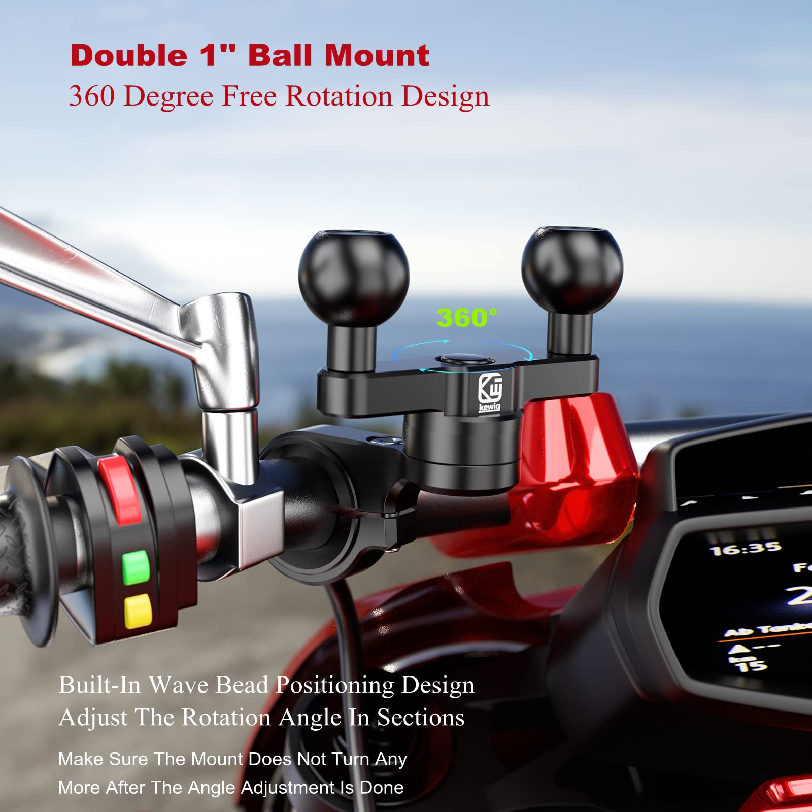 Brcovan Aluminum Alloy Handlebar Clamp Mount Base With Double 1'' Tpu Ball For Round Rails Diameter 0.5'' 0.87'' 1.0'' 1.26'' Compatible With Ram Mounts B Size 1 Inch Ball Double Socket Arm