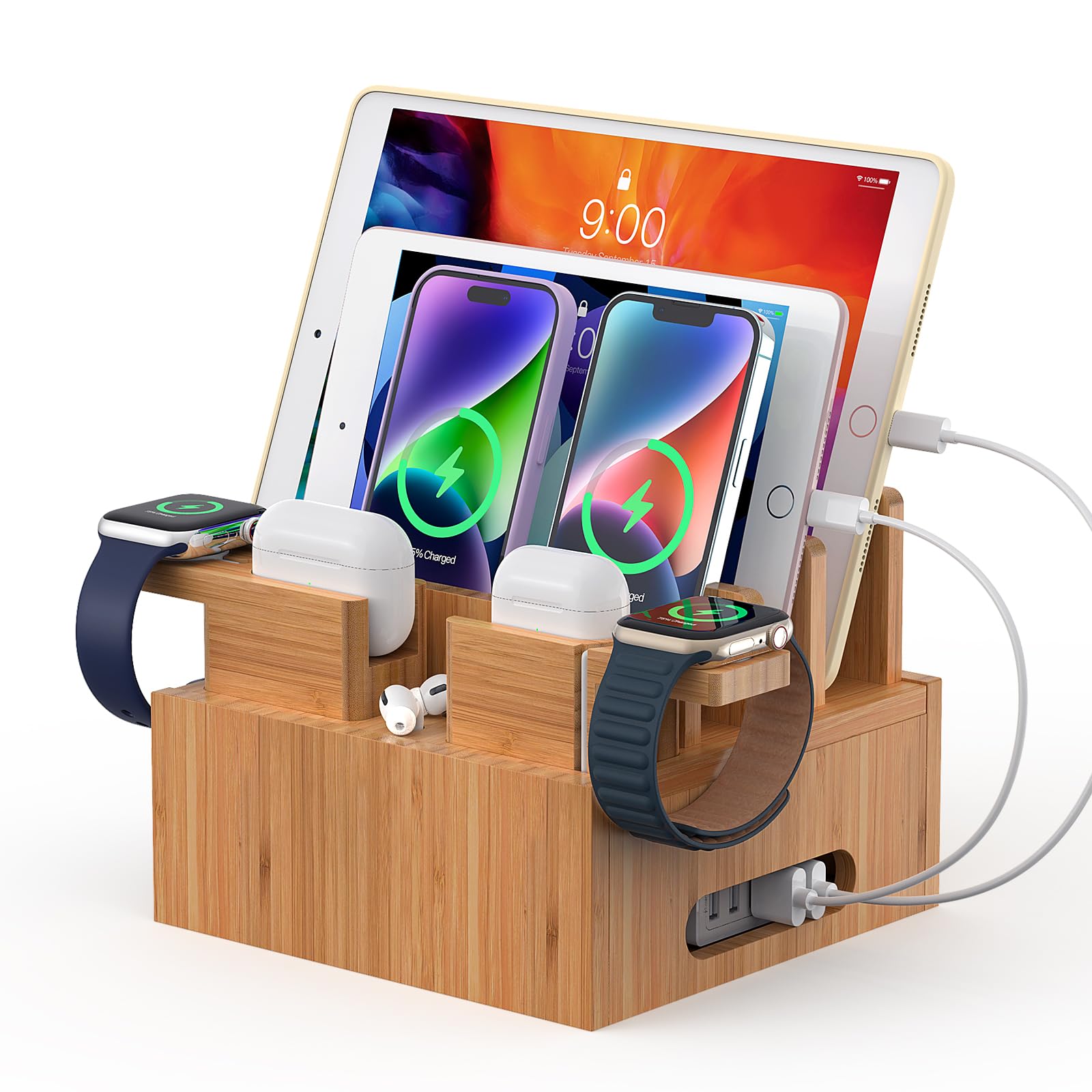 Pezin & Hulin Bamboo Charging Station Organizer for Multiple Devices, Desktop Docking Station Compatible with Phone, Tablet, Ear