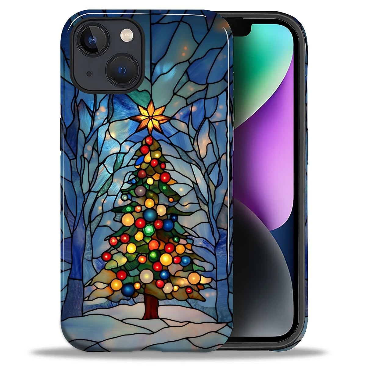 SKAMIX Case for iPhone 13/14,Drop Protection Hybrid 2-Layer Hard Phone Cover-Stained Glass Winter Christmas Tree