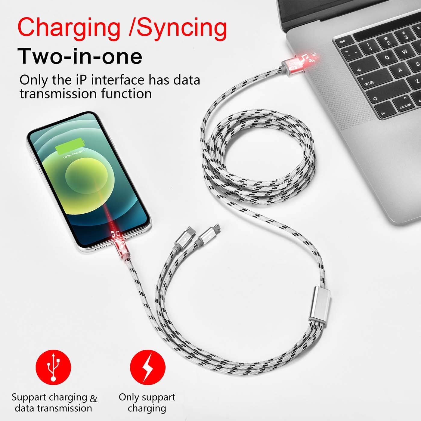 10Ft Multi Charging Cable 3A 2Pcs 3 In 1 Braided Usb Fast Charger Cable With Ip/Micro Usb/Type C Adapter Port For Cell Phones/Ip