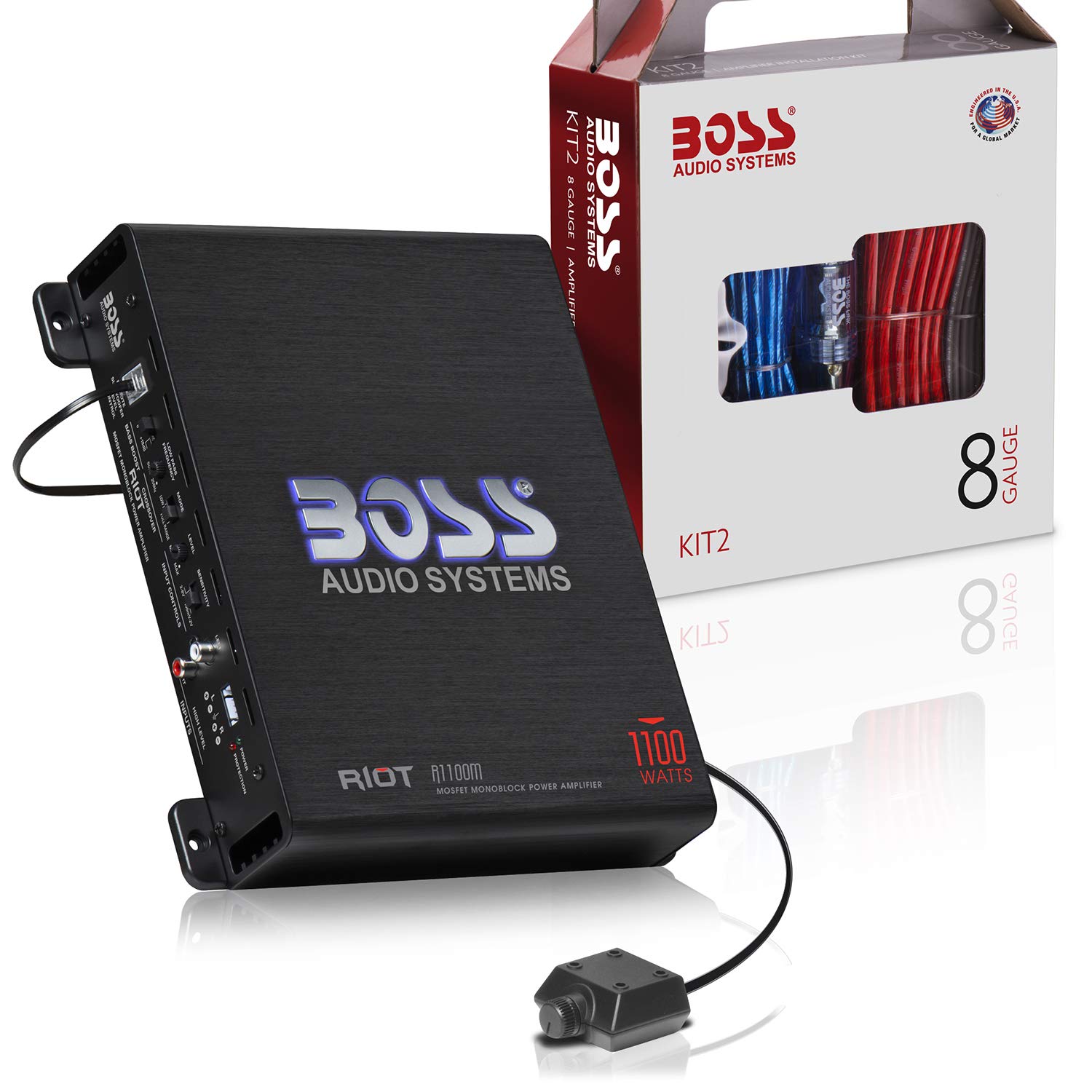 BOSS Audio Systems R1100MK Car Amplifier and 8 Gauge Wiring Kit  1100 Watts Max Power, 24 Ohm Stable, Class A/B, Monoblock, Mo