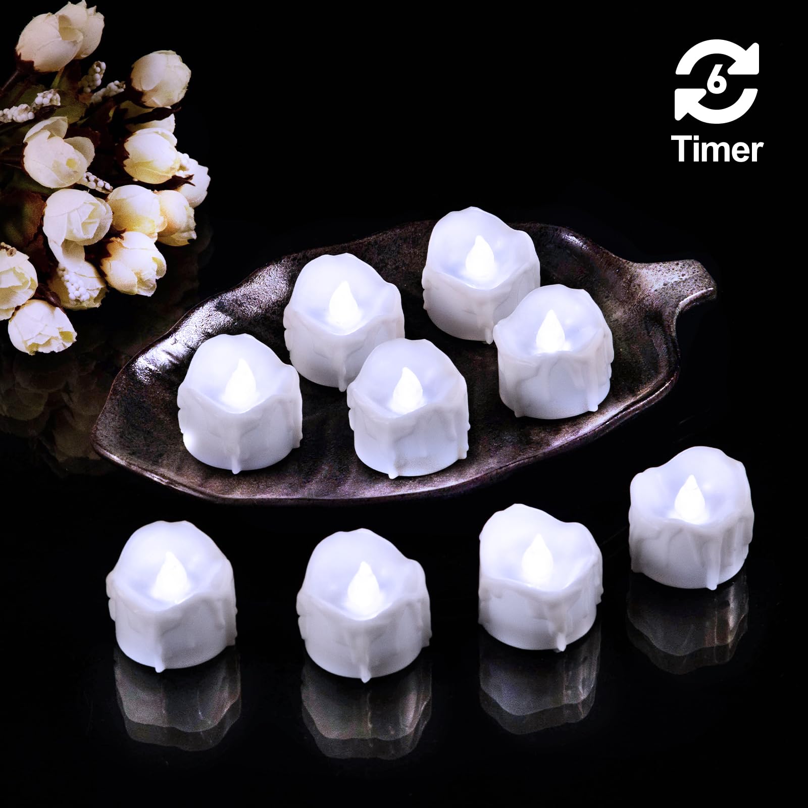 Windshell Cool White Flickering Flame Tea Lights With 6H Timer (No Remote), Melting Design, Battery Operated Led Flameless Teali
