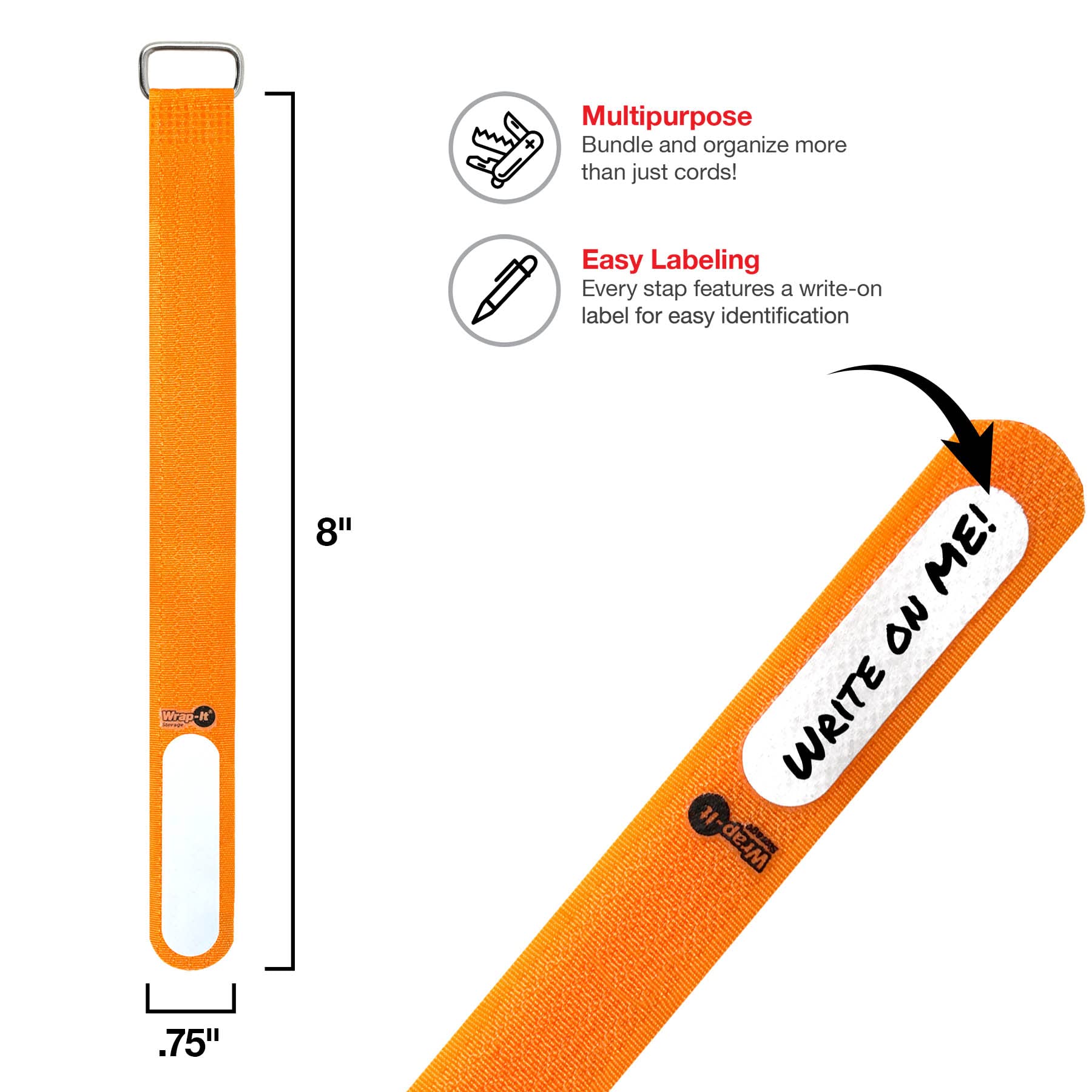 Wrap It Storage Cinch Straps, 8'' 18 Pack (Orange), Features Buckle And Label For Cord Identification, Reusable Multi Purpose Se